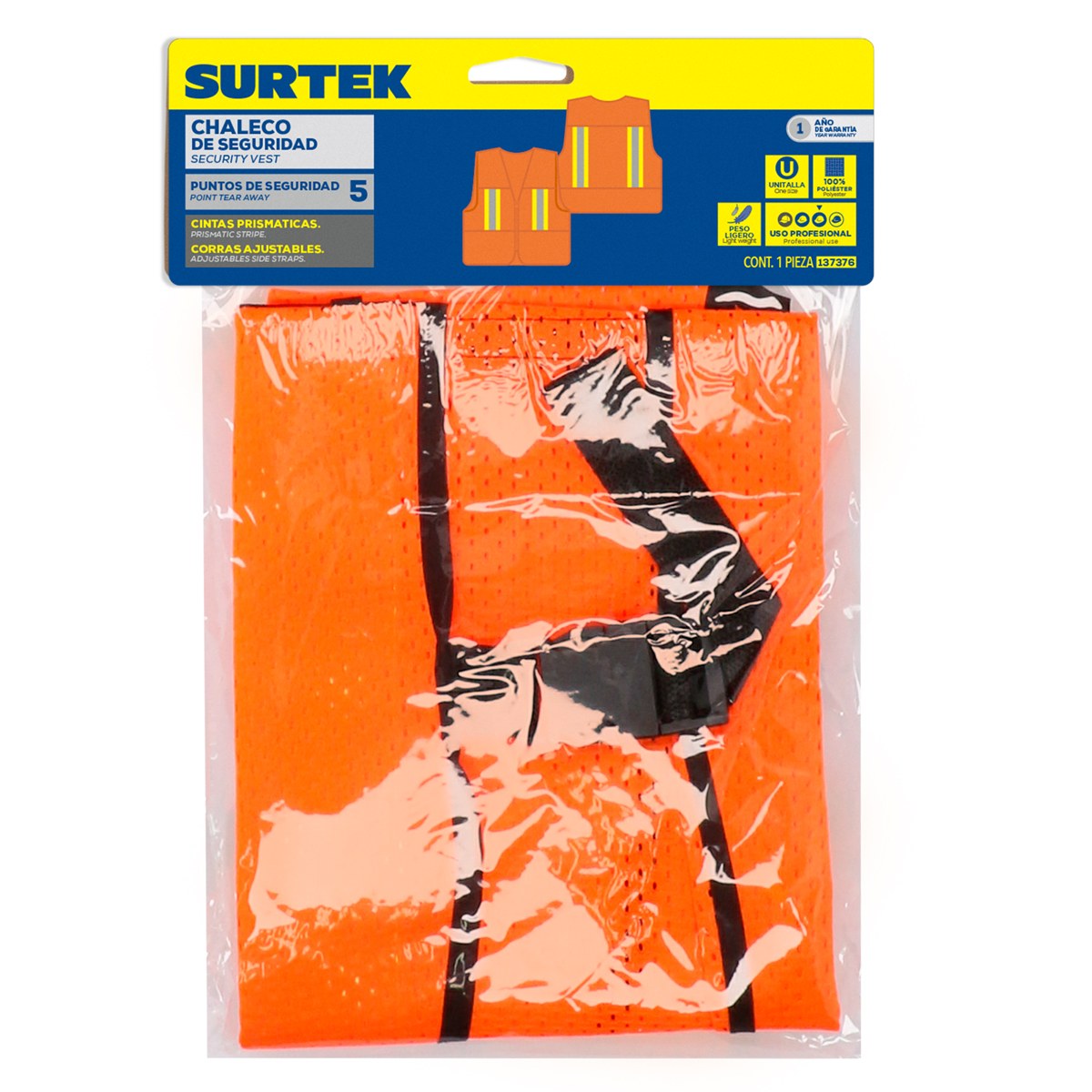 Chaleco de seguridad de malla de poliéster con correas ajustables naranja unitalla Surtek - Imagen 2