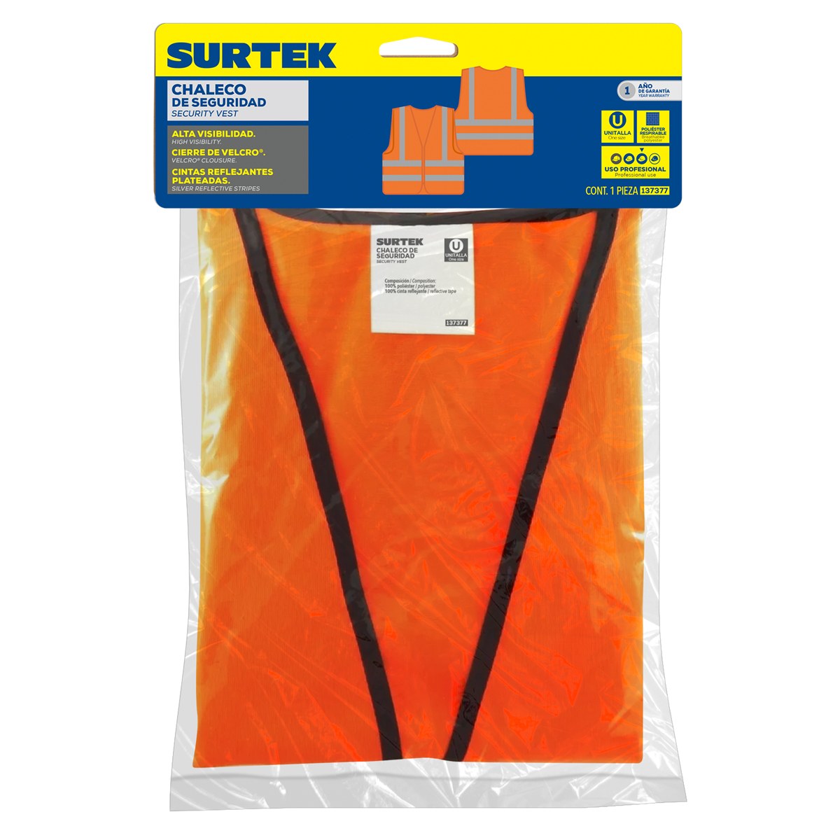 Chaleco de seguridad con cintas reflejantes plateadas naranja unitalla Surtek - Imagen 2