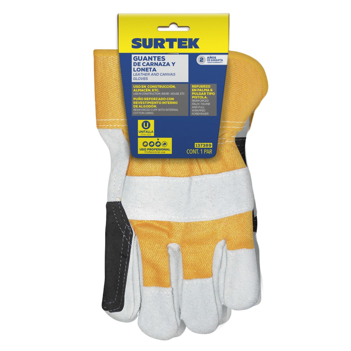 Guantes de carnaza y loneta reforzados unitalla Surtek - Imagen 2