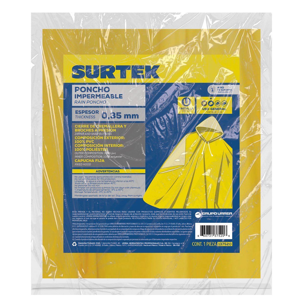 Poncho impermeable sin refljante con interior de poliéster unitalla Surtek - Imagen 2