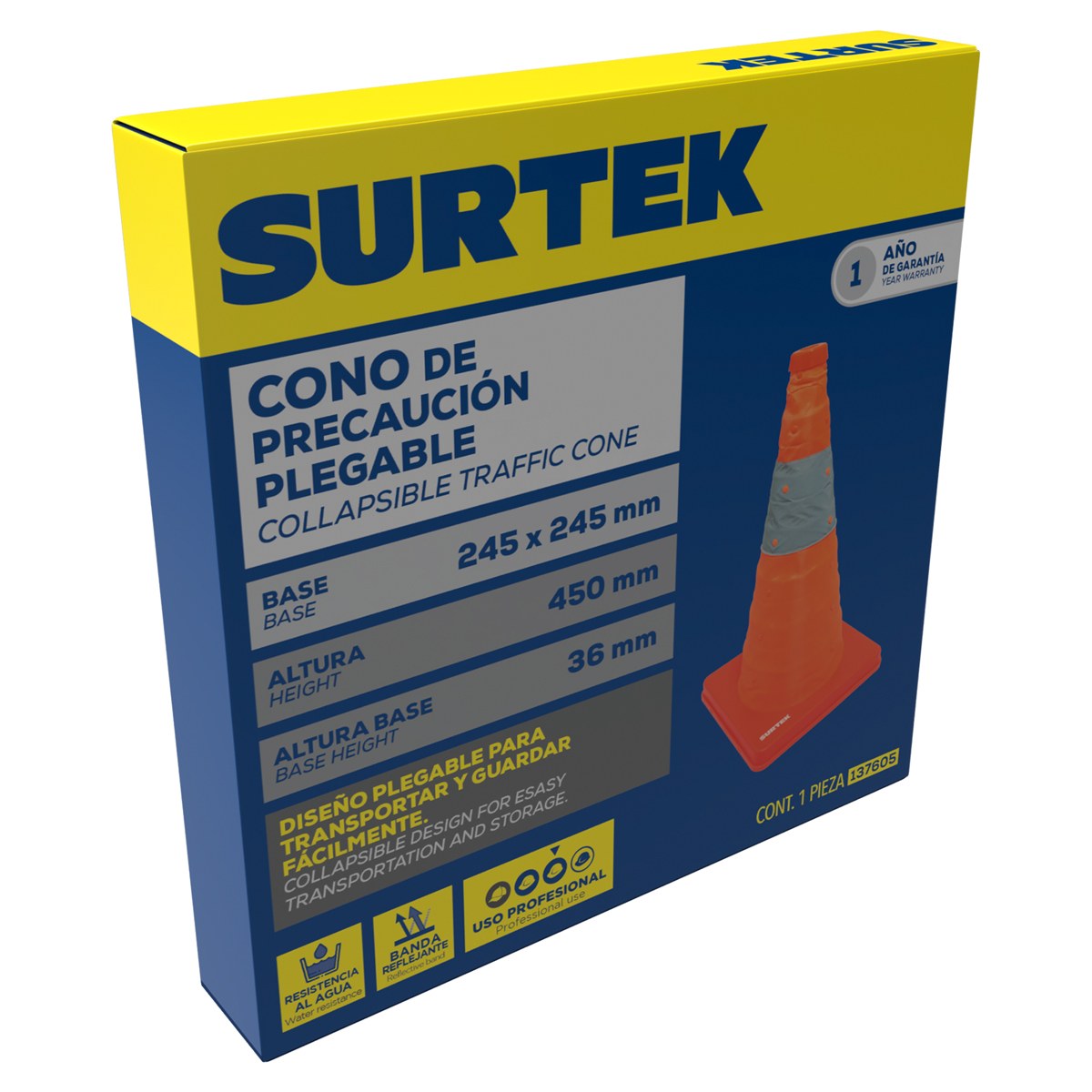 Cono de precaución plegable con banda reflejante, 45 cm Surtek - Imagen 2