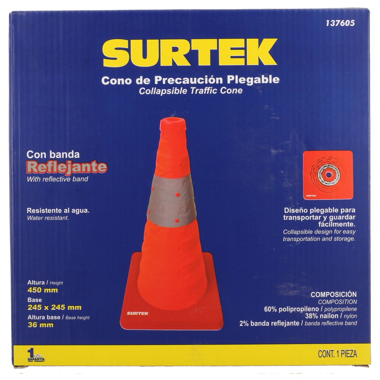 Cono de precaución plegable con banda reflejante, 45 cm Surtek - Imagen 3