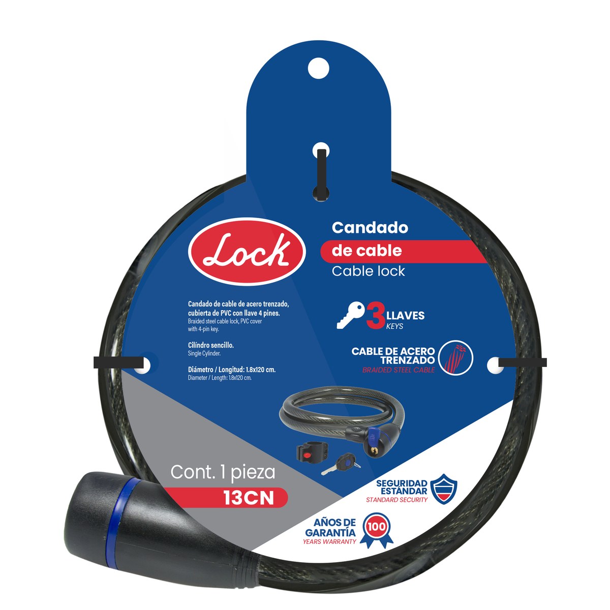 Candado de cable con llave estándar 1.8 cm x 1.20 m Lock - Imagen 2