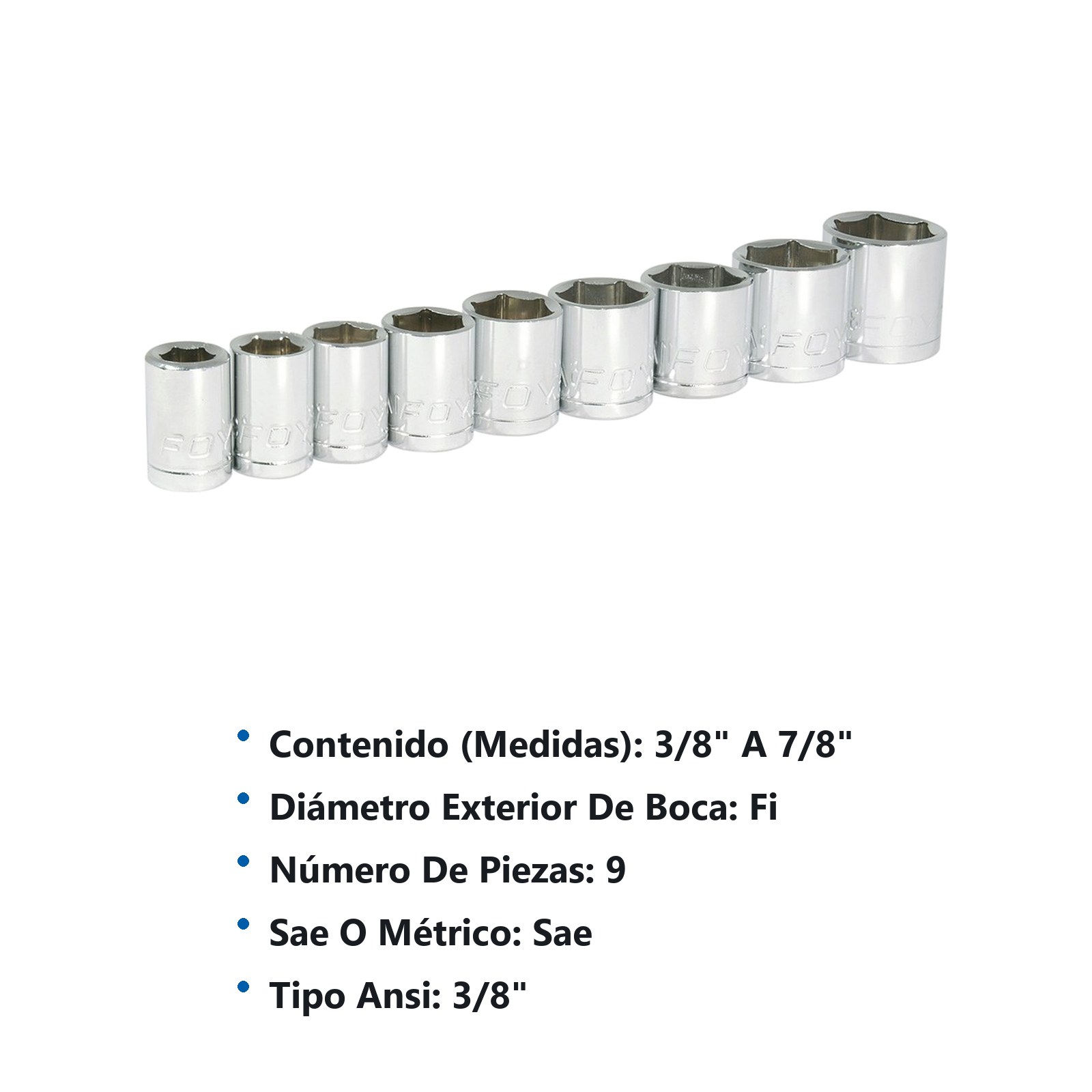 Juego de dados cuadro de 3/8", 6 puntas, en pulgadas, 9 piezas Foy - Imagen 3