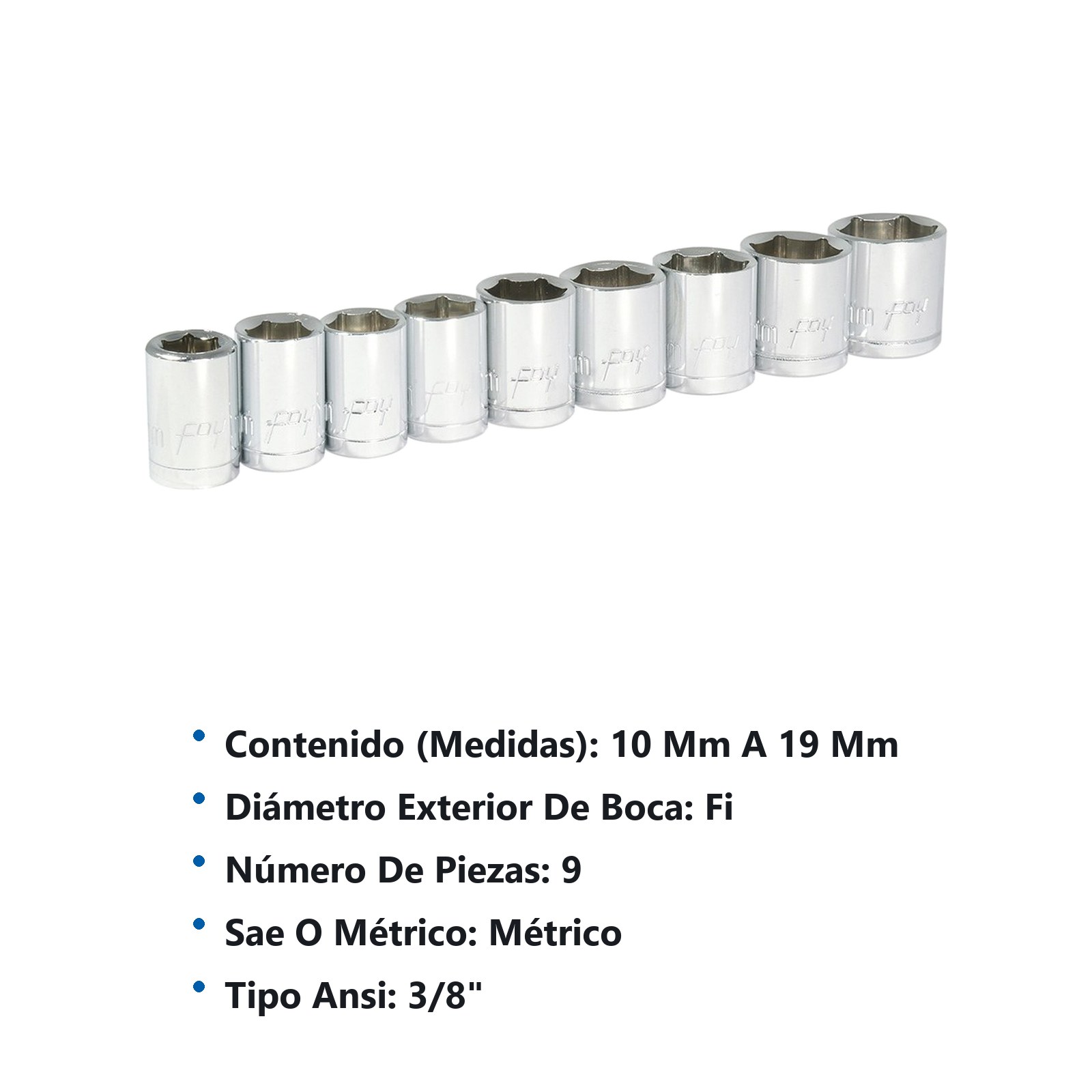 Juego de dados cuadro de 3/8", 6 puntas, métricos, 9 piezas Foy - Imagen 2