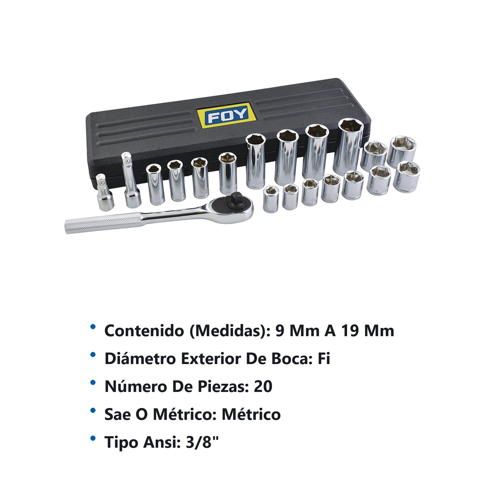Juego de dados y accesorios cuadro de 3/8" métrico, 20 piezas Foy - Imagen 3