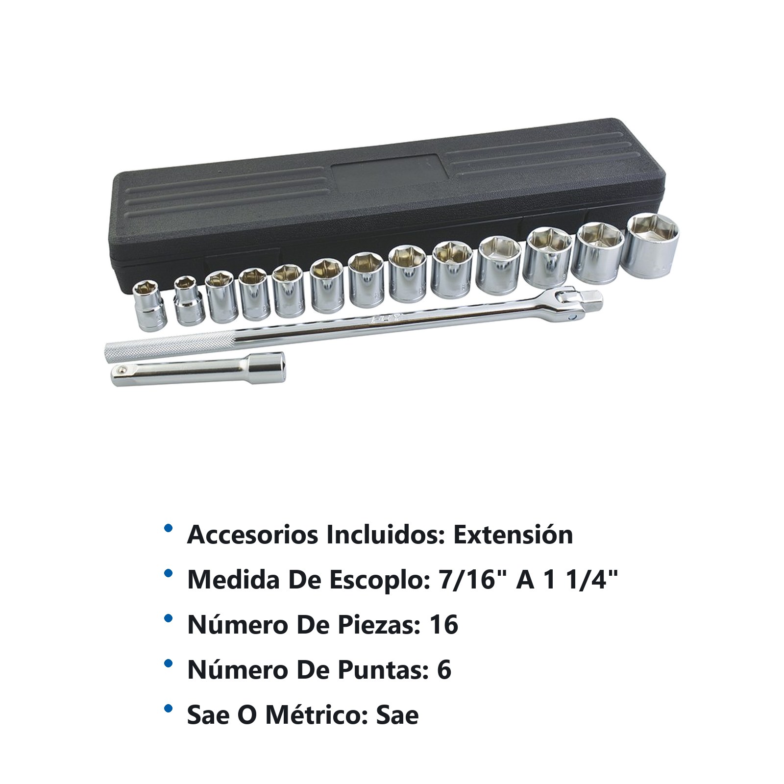 Juego de dados y accesorios cuadro de 1/2" en pulgadas, 16 piezas Foy - Imagen 3