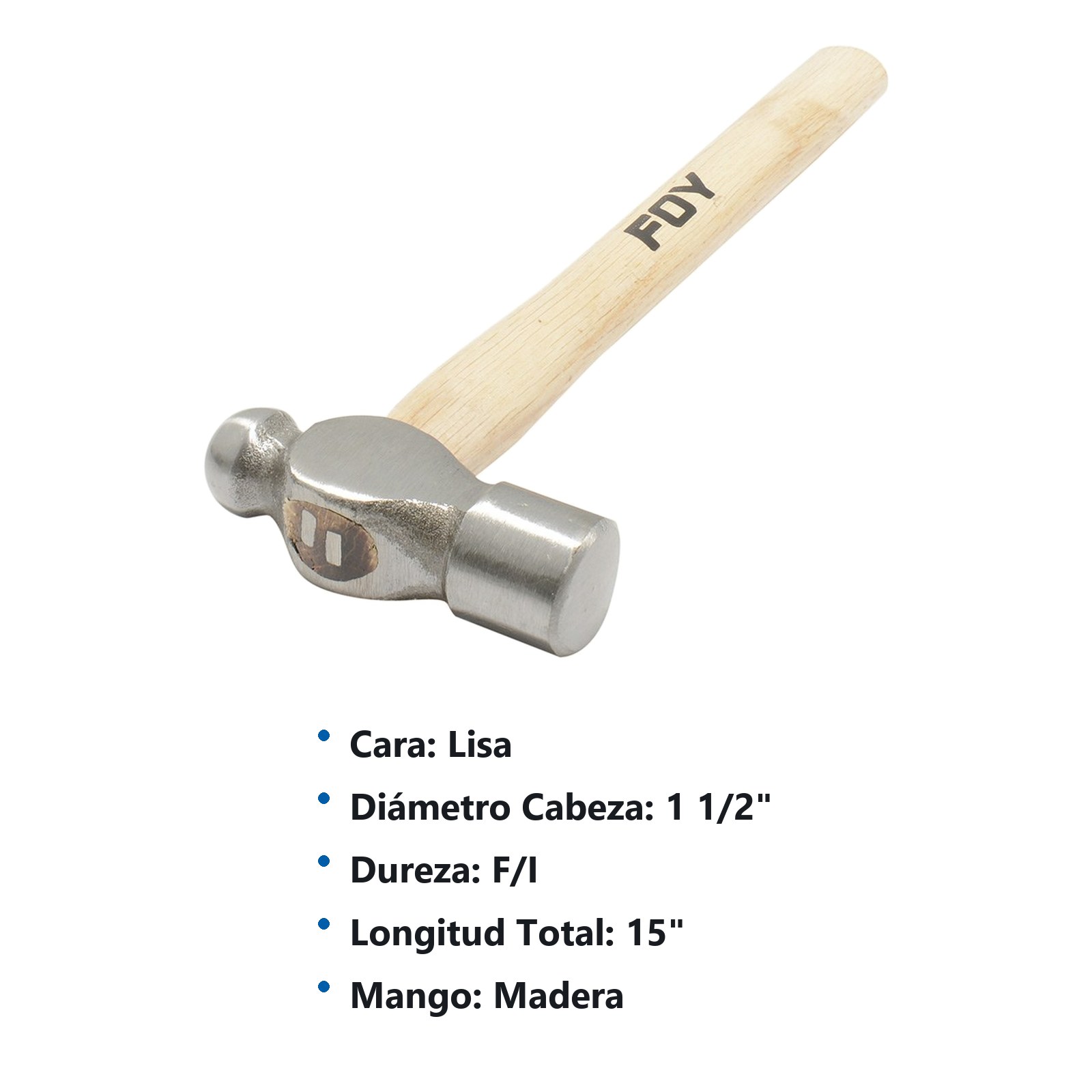 Martillo de bola pulido con mango de madera de 15", 24 oz Foy - Imagen 2