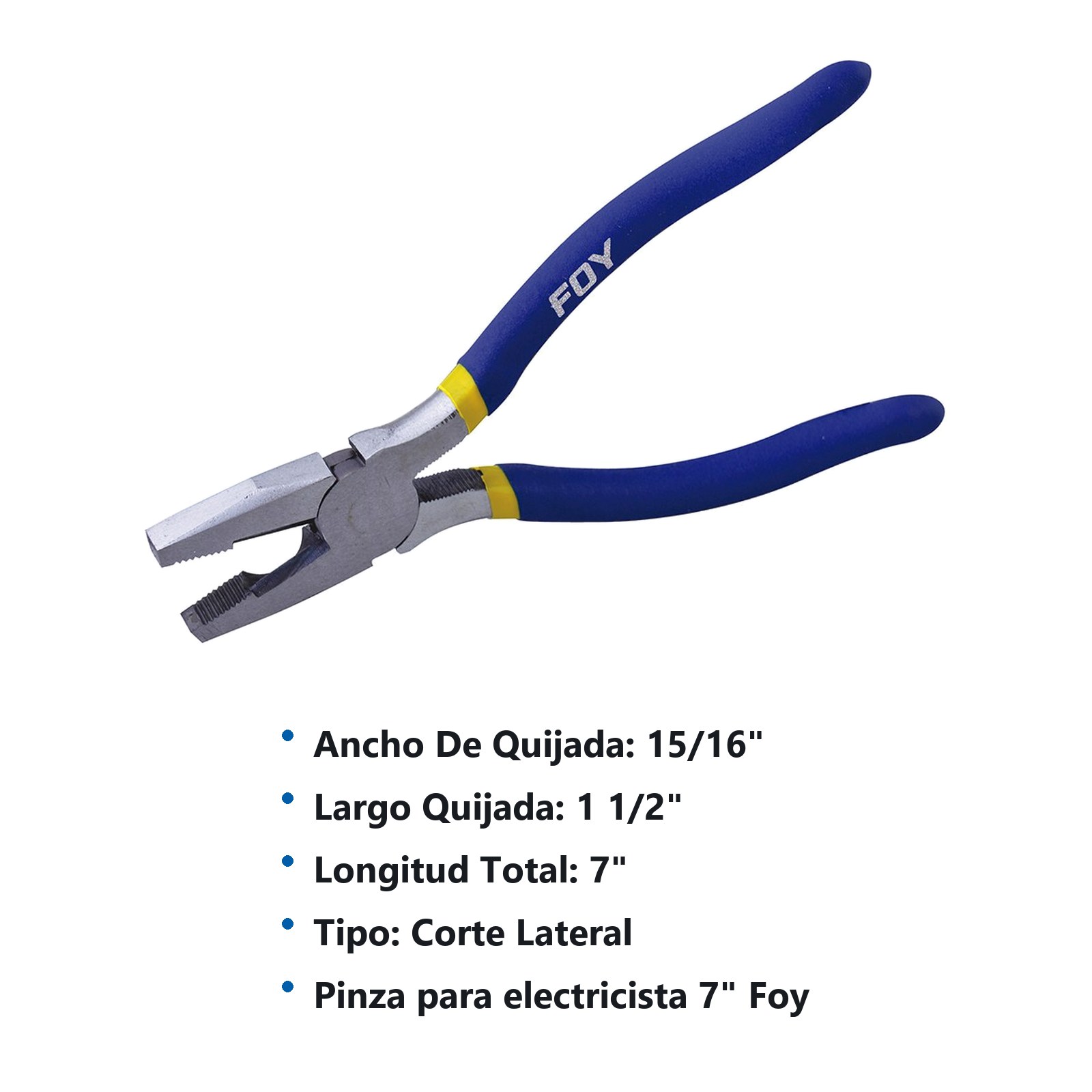 Pinza para electricista con mango con doble plastisol de 7" corte lateral Foy - Imagen 2