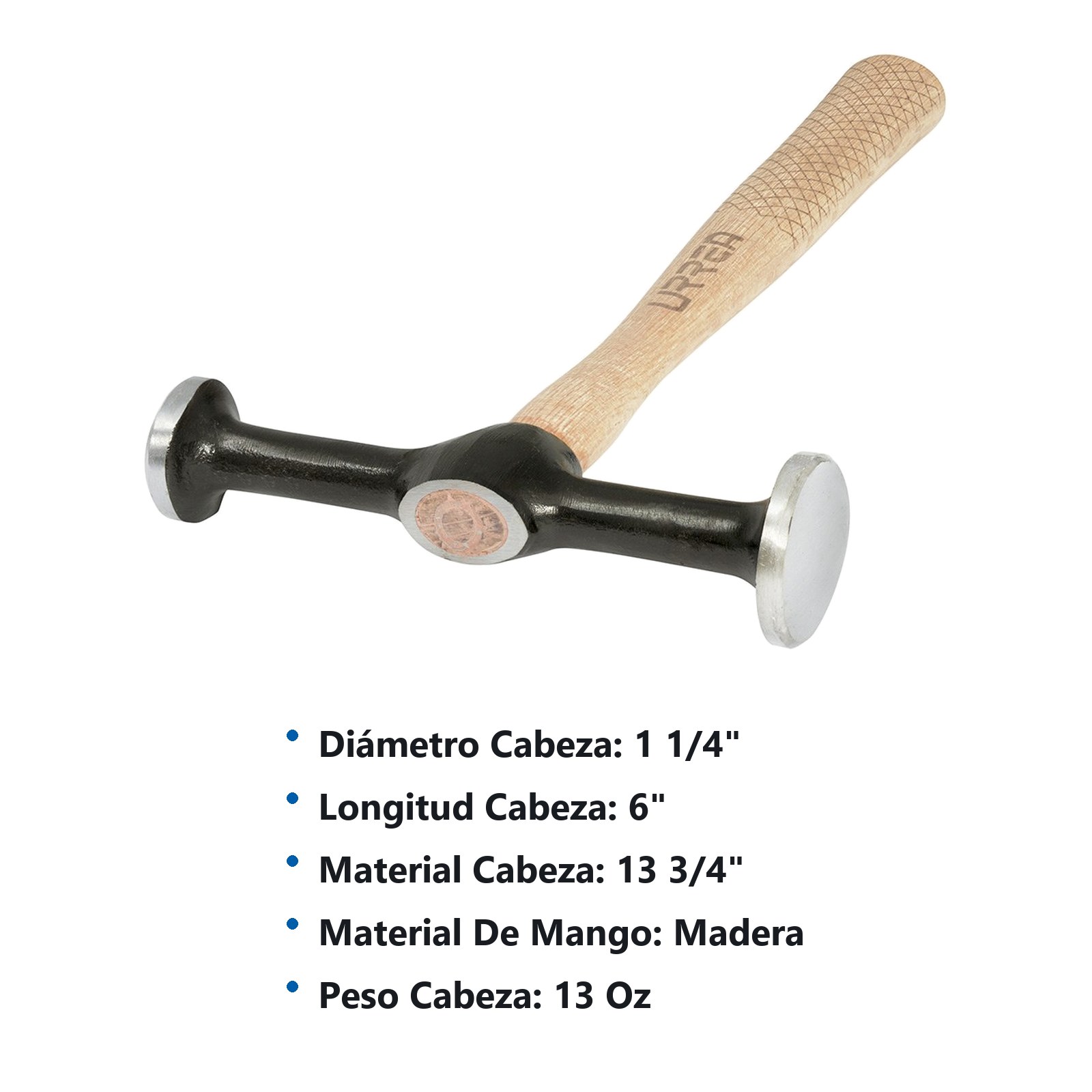 Martillo de laminero 12" mango de madera, desabollador 2 cabezas Urrea - Imagen 2