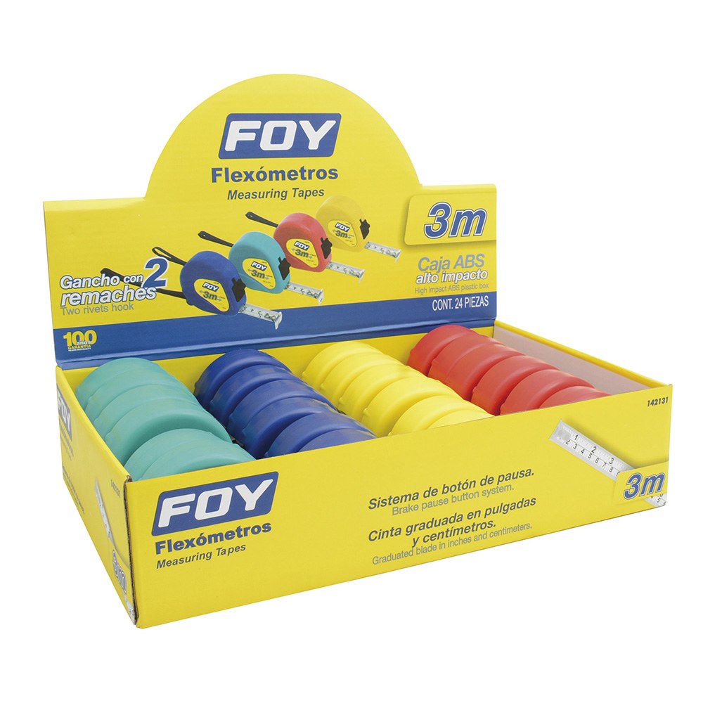 Flexómetros con carcasa de plástico colores en display 3 m x 1/2" Foy