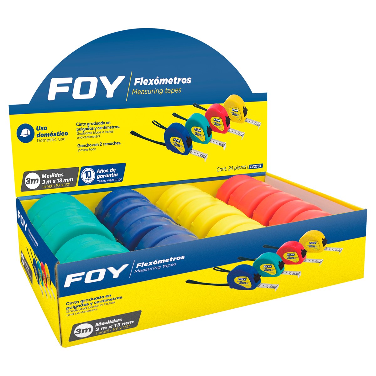Flexómetros con carcasa de plástico colores en display 3 m x 1/2" Foy - Imagen 2