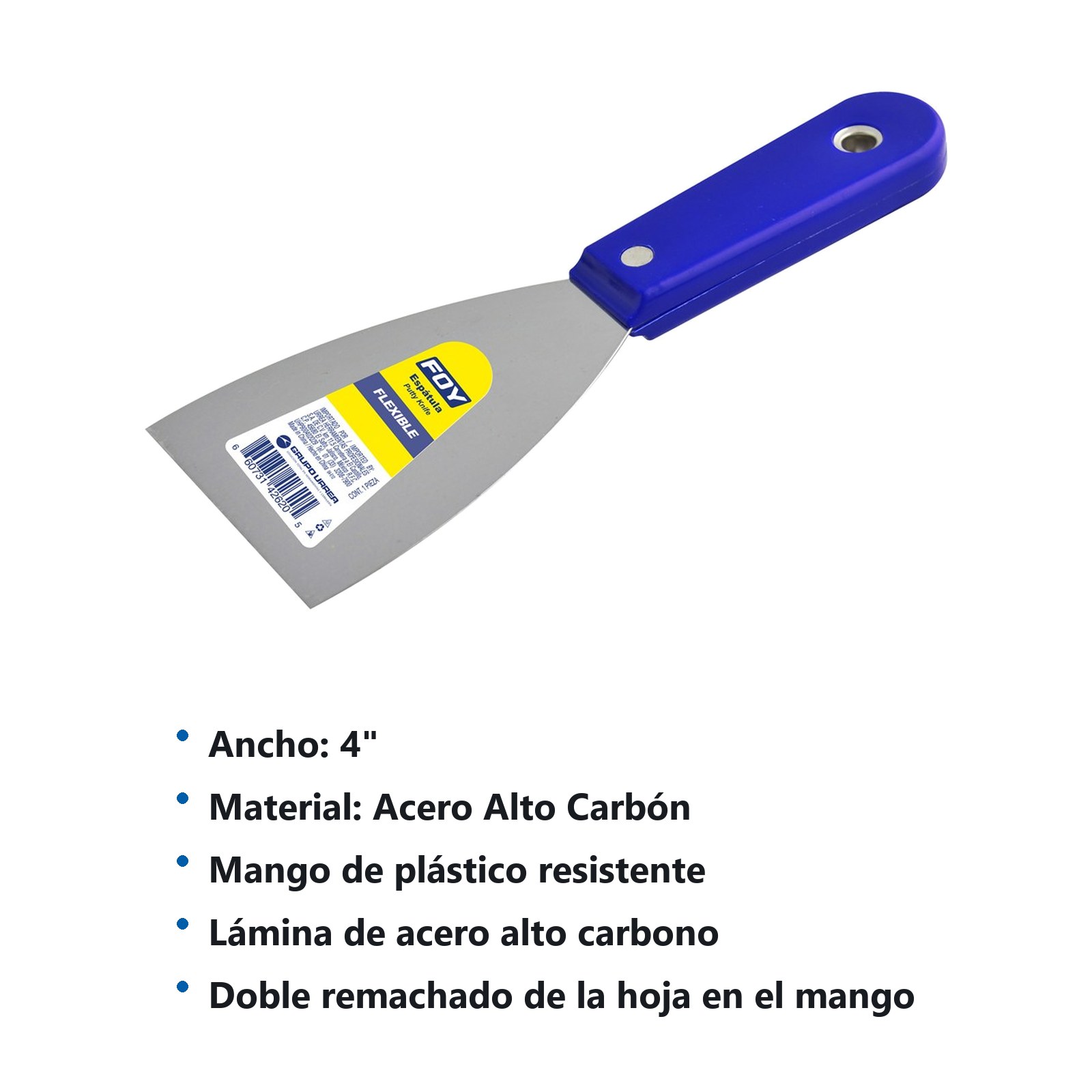 Espátula flexible de acero de alto carbón con mango plástico 4" Foy - Imagen 3