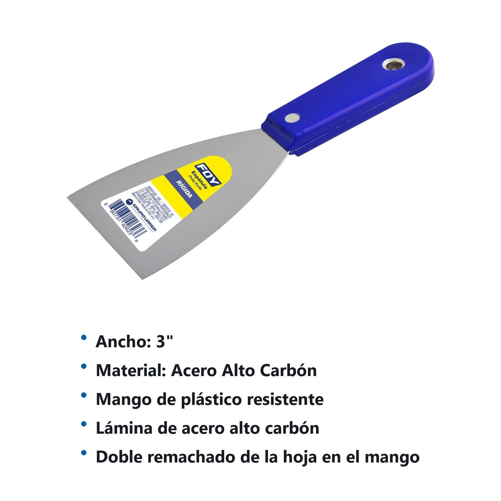 Espátula rígida de acero de alto carbón con mango plástico 3" Foy - Imagen 3