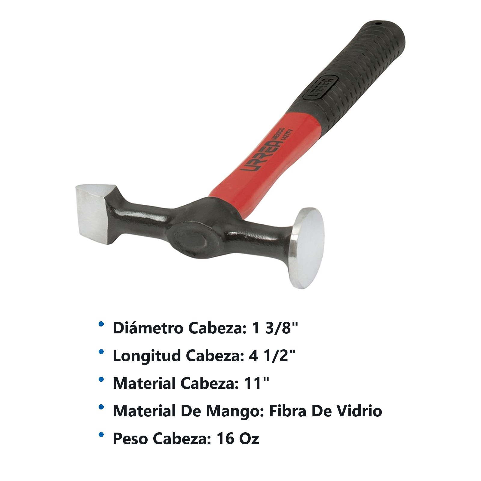 Martillo de laminero 13" mango de fibra de vidrio, para terminados Urrea - Imagen 2