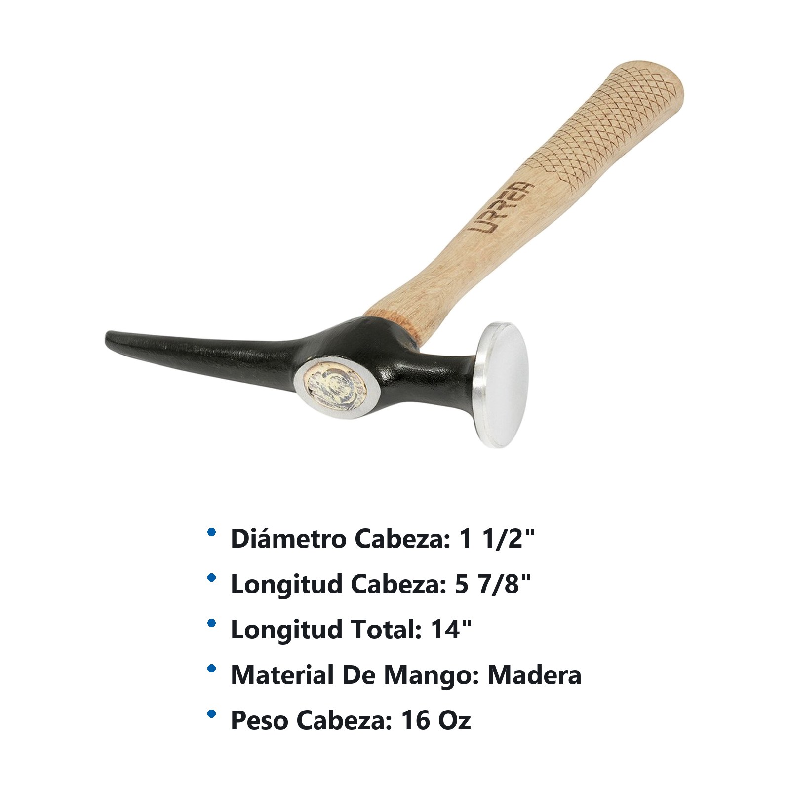 Martillo de laminero 12" mango de madera, desabollador Urrea - Imagen 2