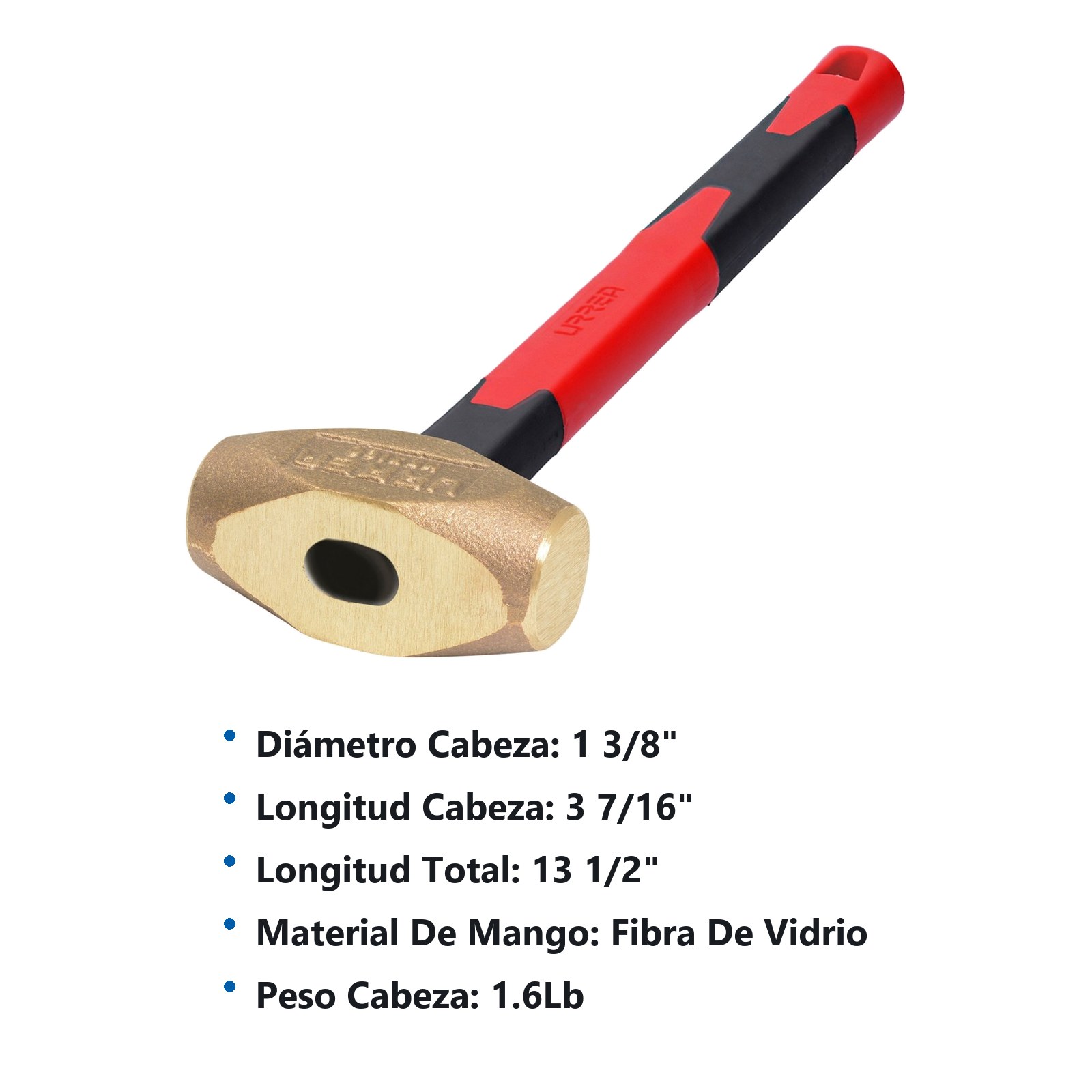 Marro de bronce con mango de fibra de vidrio de 13", 1.6 lb Urrea - Imagen 3