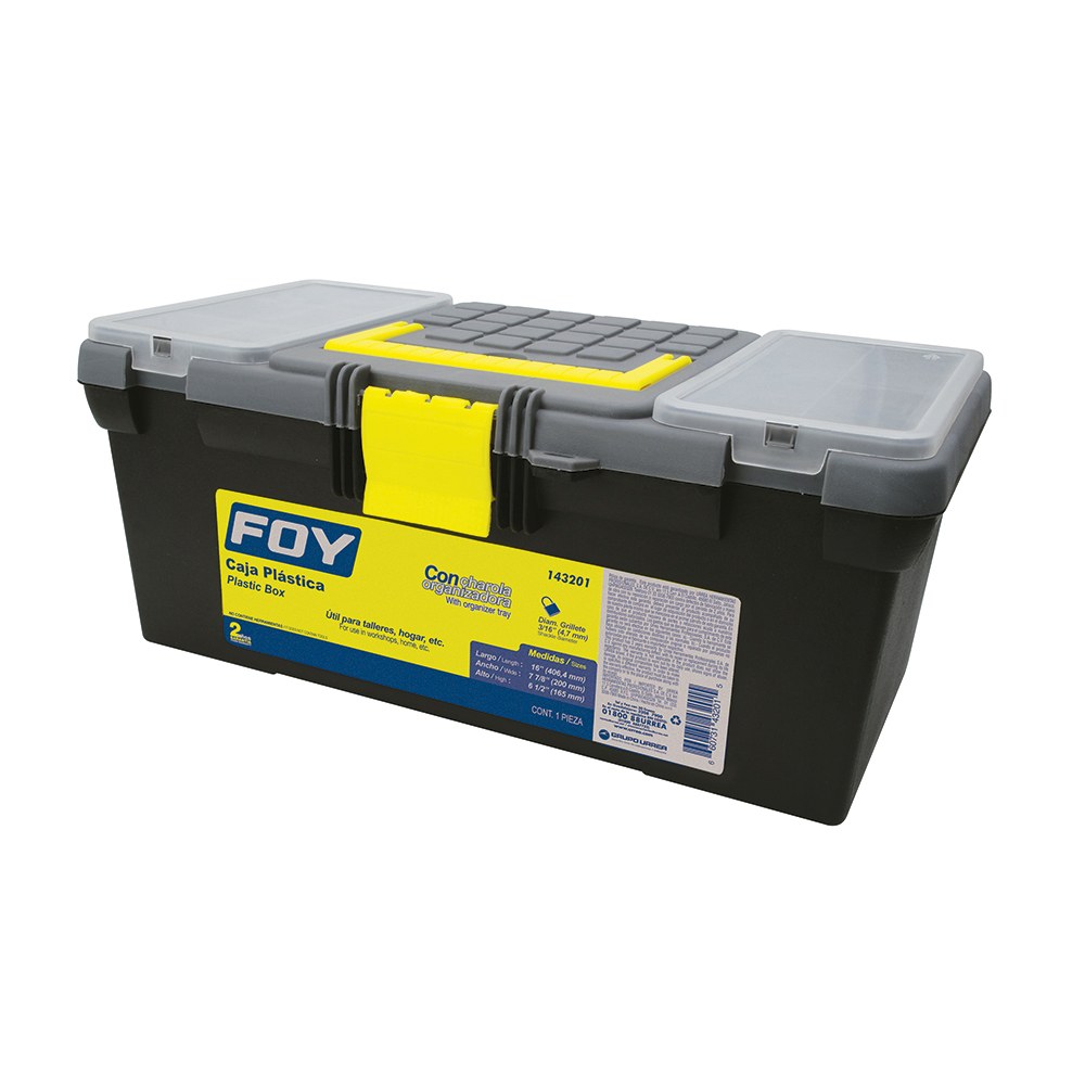 Caja portaherramientas plástica con broches plásticos y organizador color negro 16" x 7" x Foy