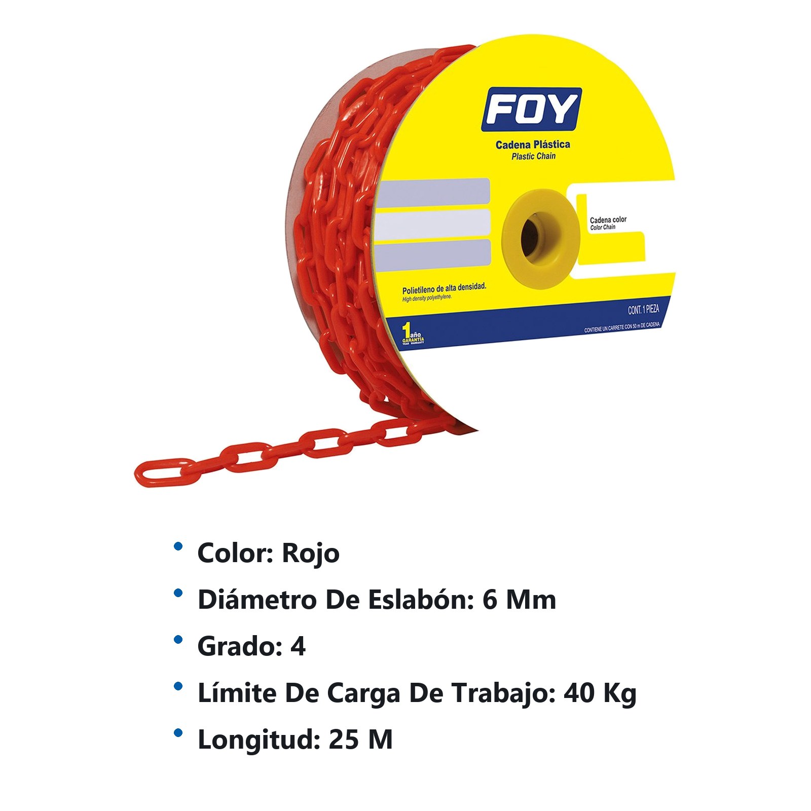 Cadena plástica calibre 6 mm de 25 m, color rojo Foy - Imagen 2