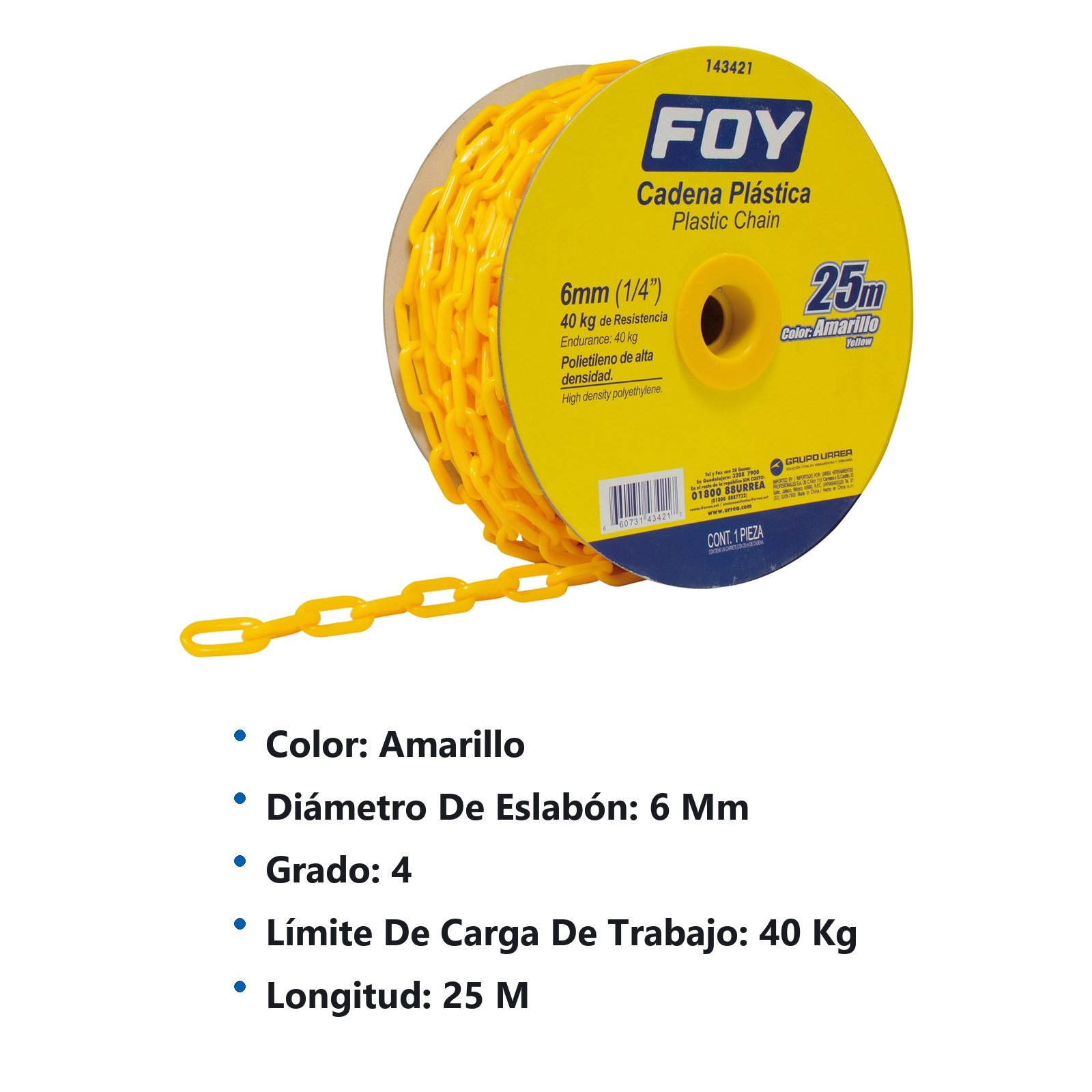 Cadena plástica calibre 6 mm de 25 m, color amarillo Foy - Imagen 2