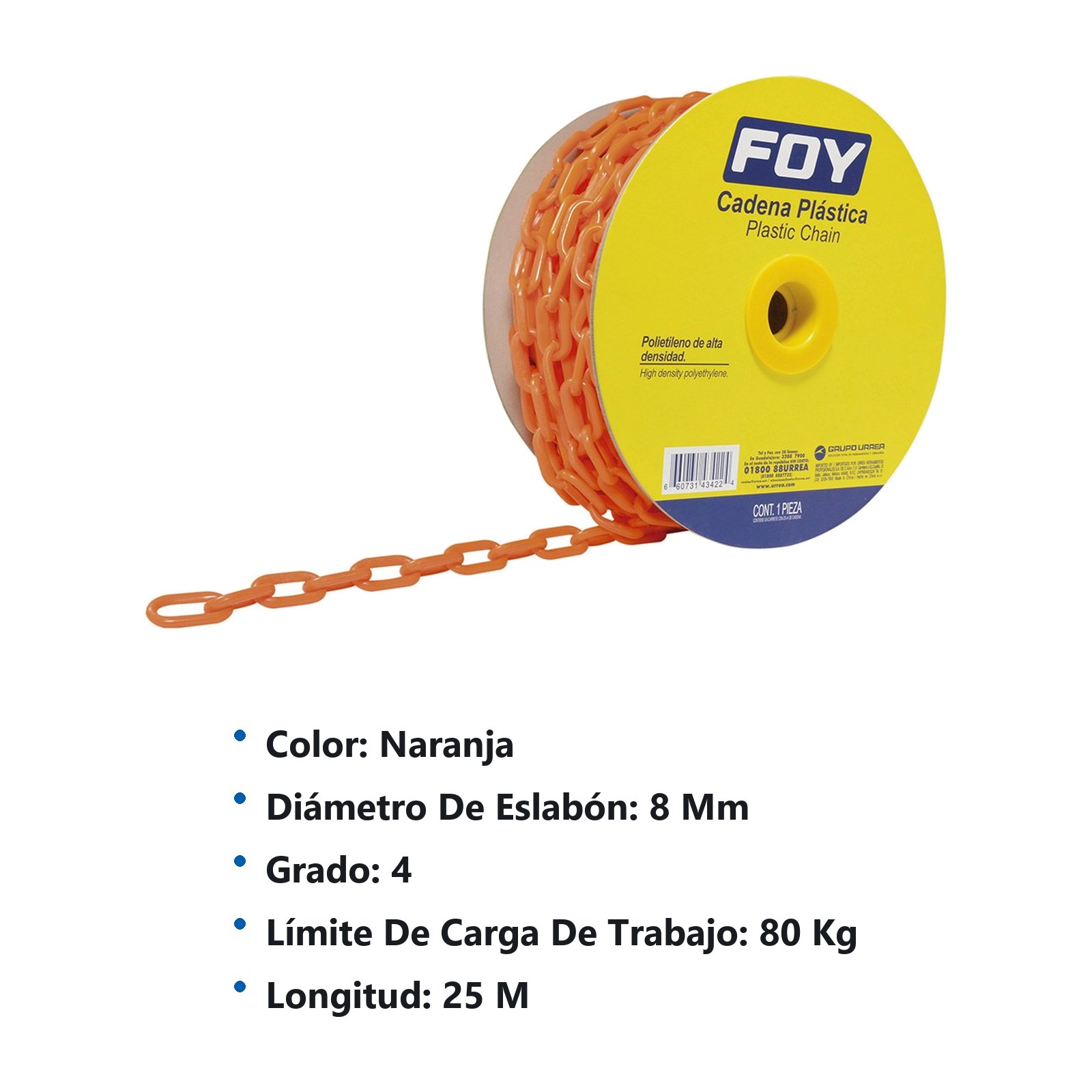 Cadena plástica calibre 8 mm de 25 m, color naranja Foy - Imagen 2