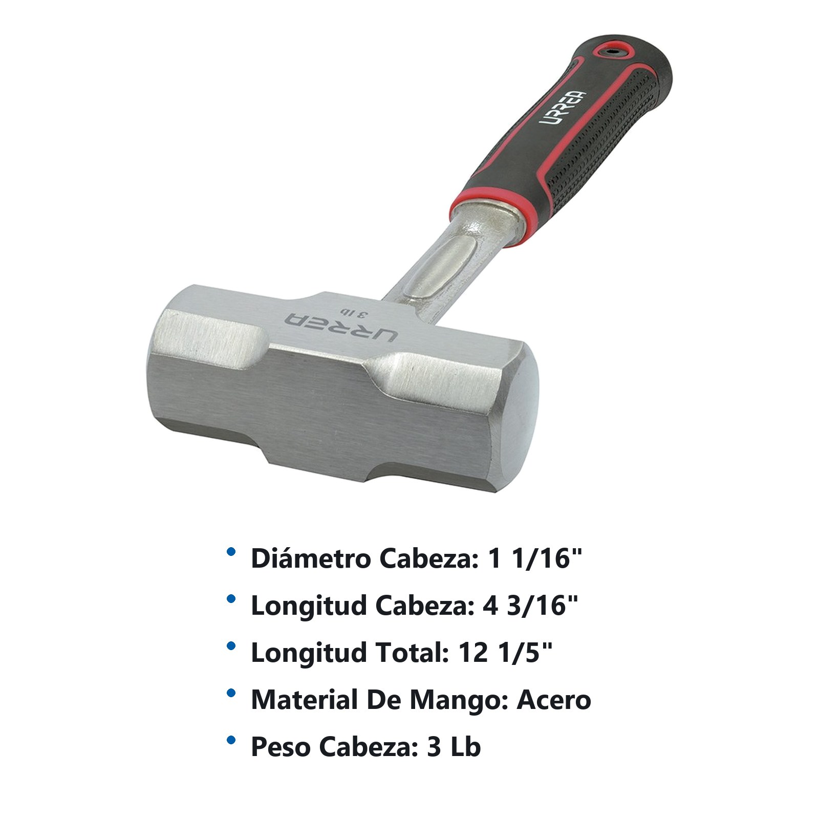 Marro octagonal forjado en una pieza con mango Rubber grip anti-vibración de 12-1/5", 3 lb Urrea - Imagen 2