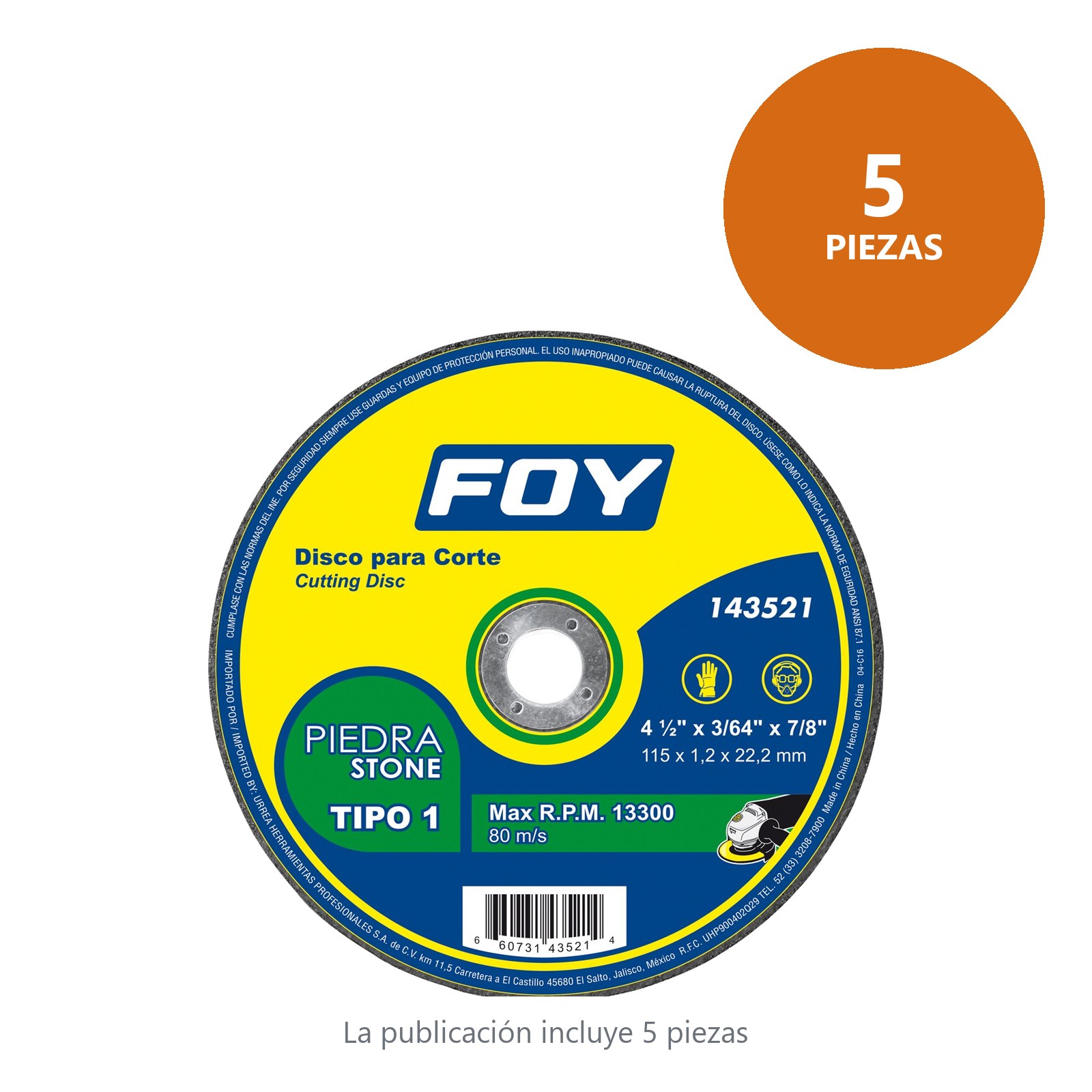 Disco abrasivo tipo 1 para piedra 4-1/2" x 1.2 mm Foy - Imagen 2
