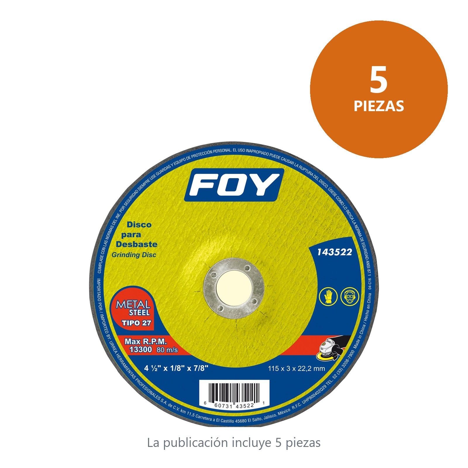Disco abrasivo tipo 27 para metal 4-1/2" x 3 mm Foy - Imagen 2
