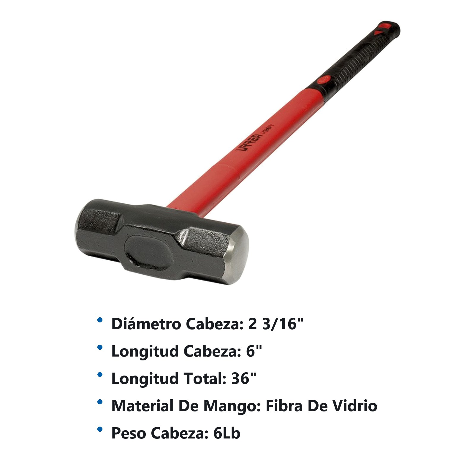 Marro octagonal cabeza maquinada con mango de fibra de vidrio de 36", 6 lb Urrea - Imagen 2