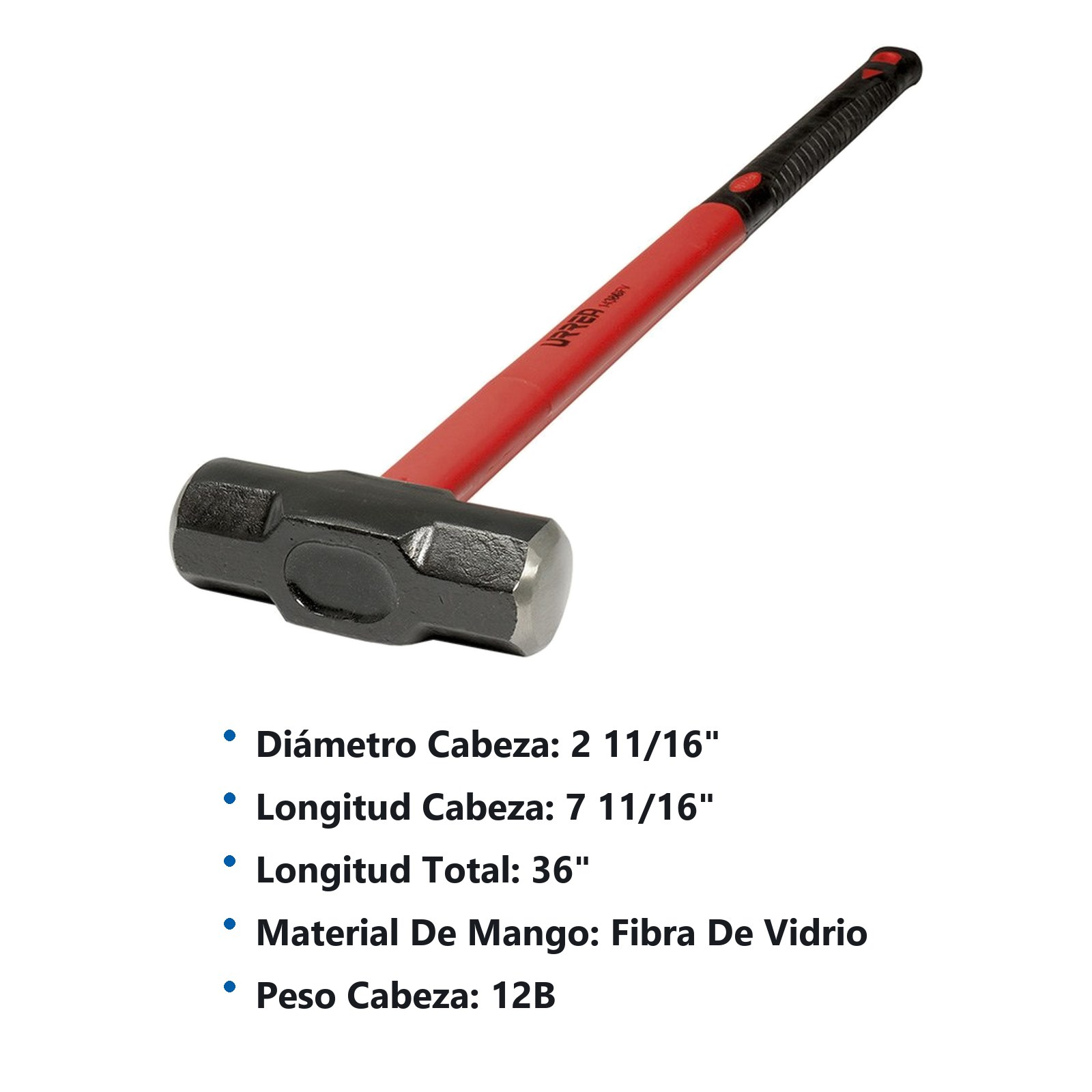 Marro octagonal cabeza maquinada con mango de fibra de vidrio de 36", 12 lb Urrea - Imagen 2