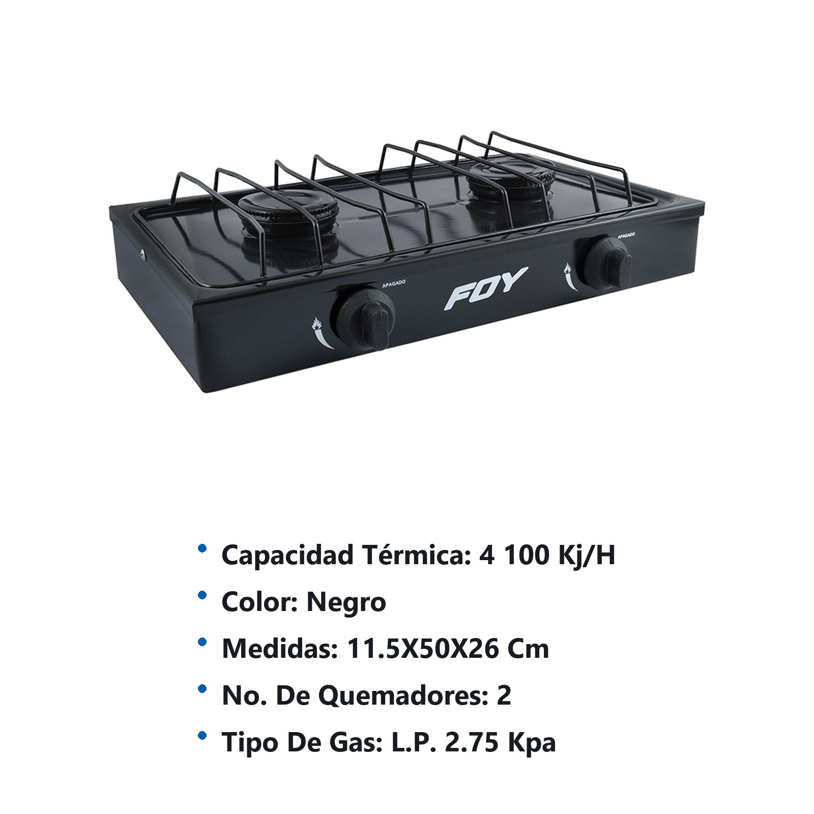 Estufa de gas 2 quemadores color negro Foy - Imagen 2