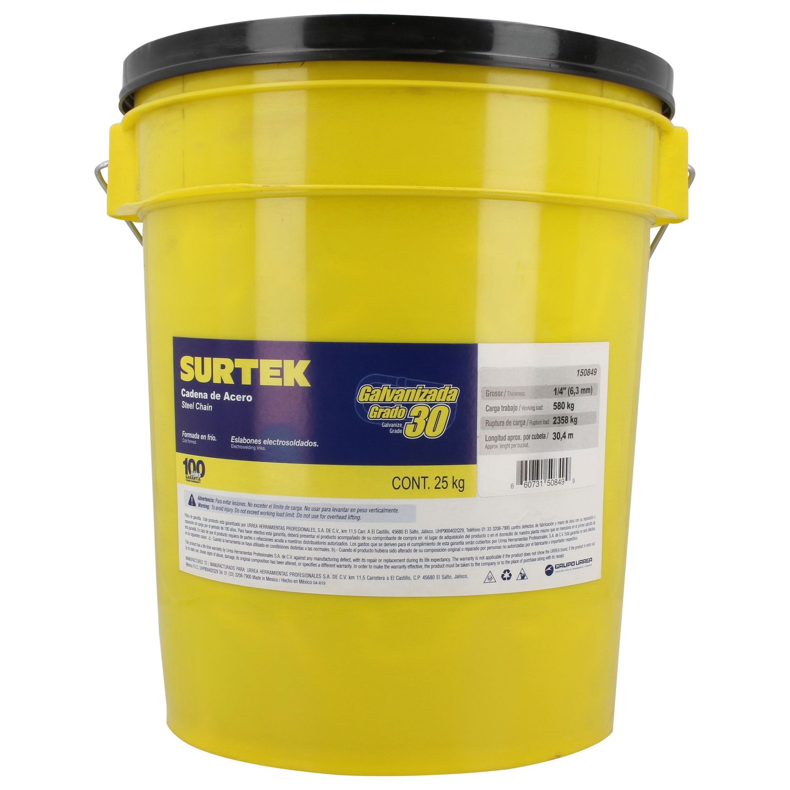 Cadena grado 30 galvanizada 25 kg, 1/4" Surtek - Imagen 3
