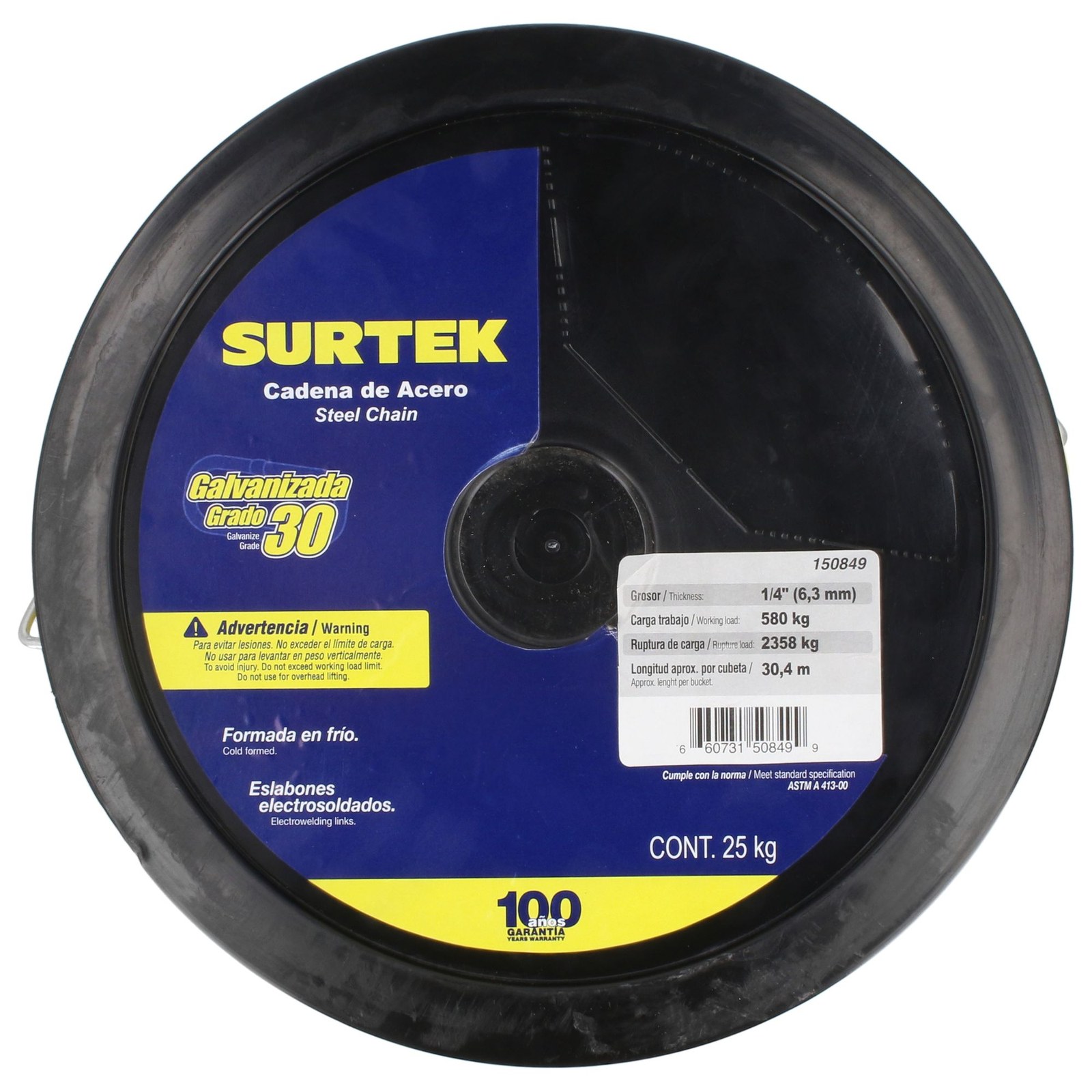 Cadena grado 30 galvanizada 25 kg, 1/4" Surtek - Imagen 4