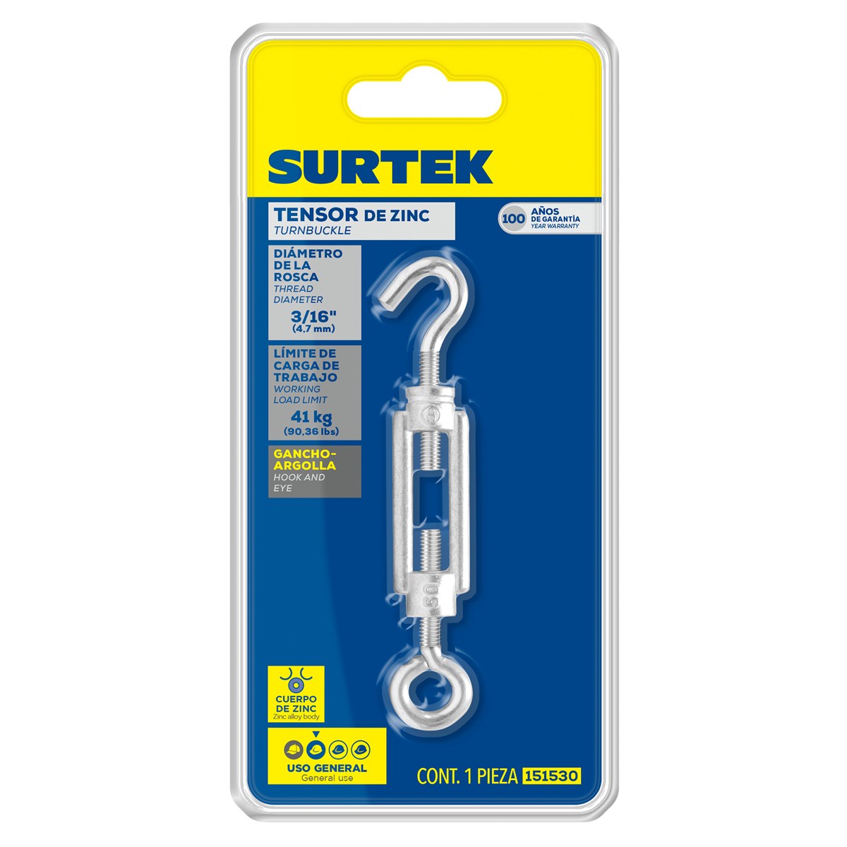 Tensor de zinc gancho - argolla 3/16" Surtek - Imagen 2