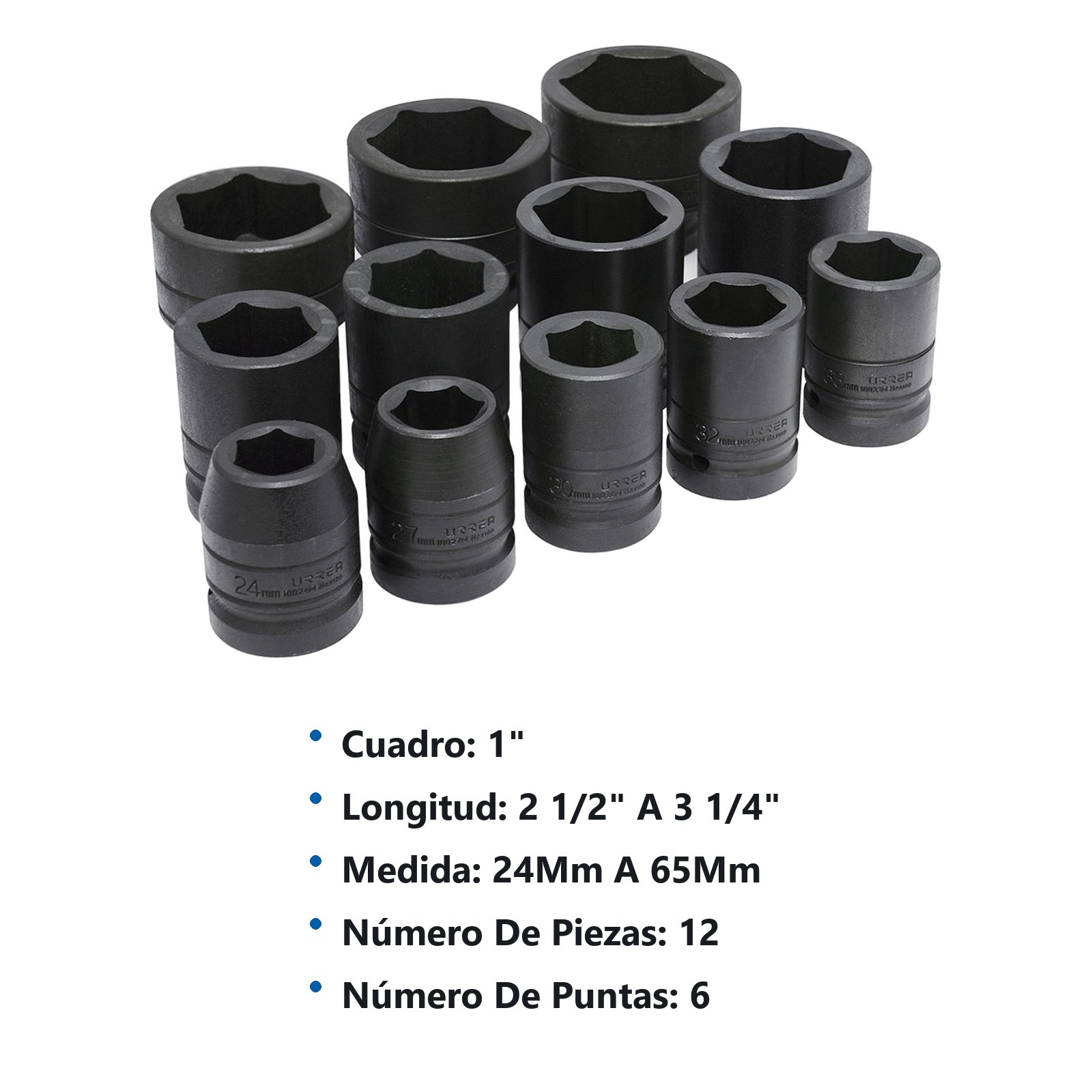 Juego de dados de impacto cuadro de 1", 6 puntas, métricos, 12 piezas Urrea - Imagen 2