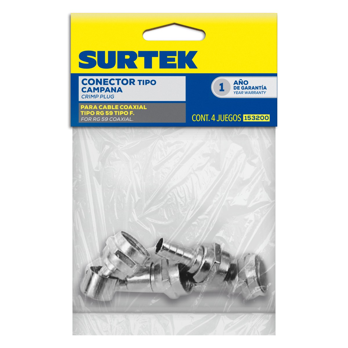 Conector para cable coaxial RG59 tipo campana, 4 piezas Surtek - Imagen 2