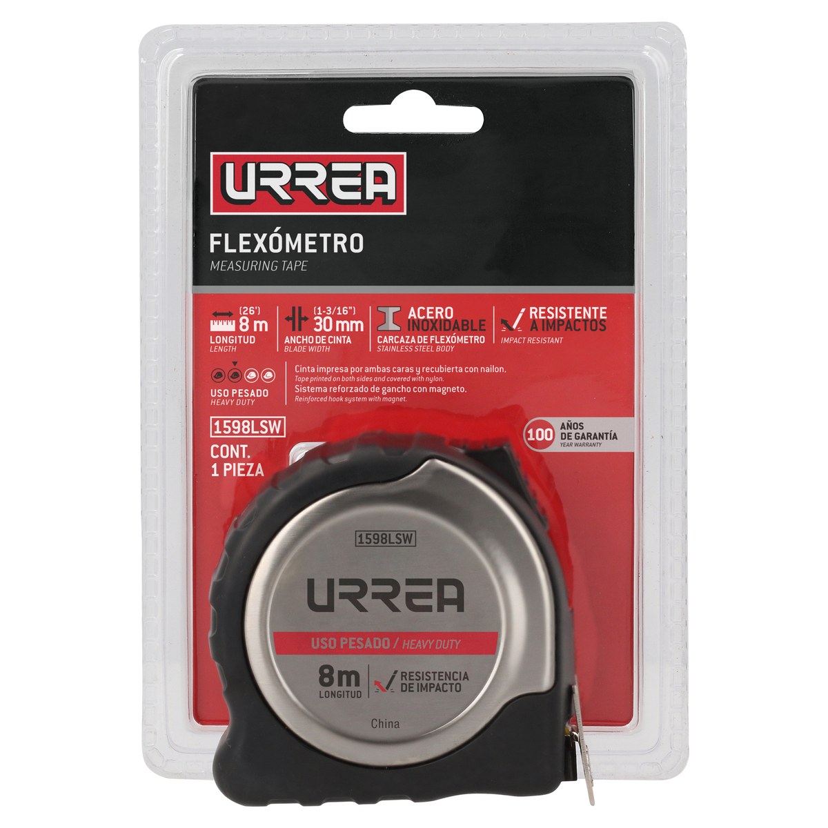 Flexómetro con carcasa de acero inoxidable 8 m x 30 mm Urrea - Imagen 3