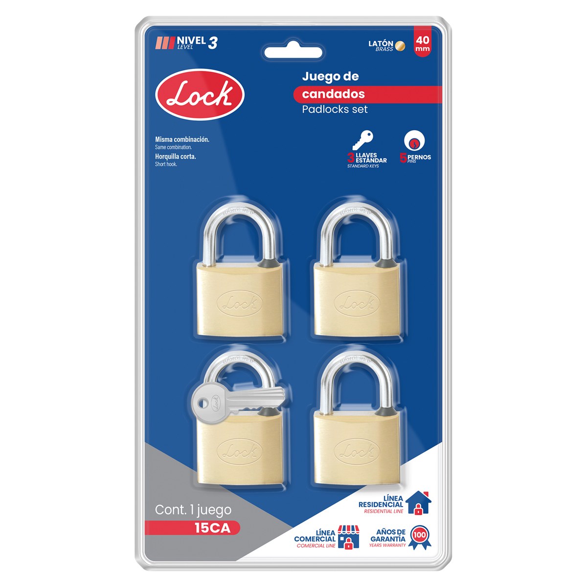 Juego de candados de latón cortos 40 mm, llave estándar, 4 piezas Lock - Imagen 3