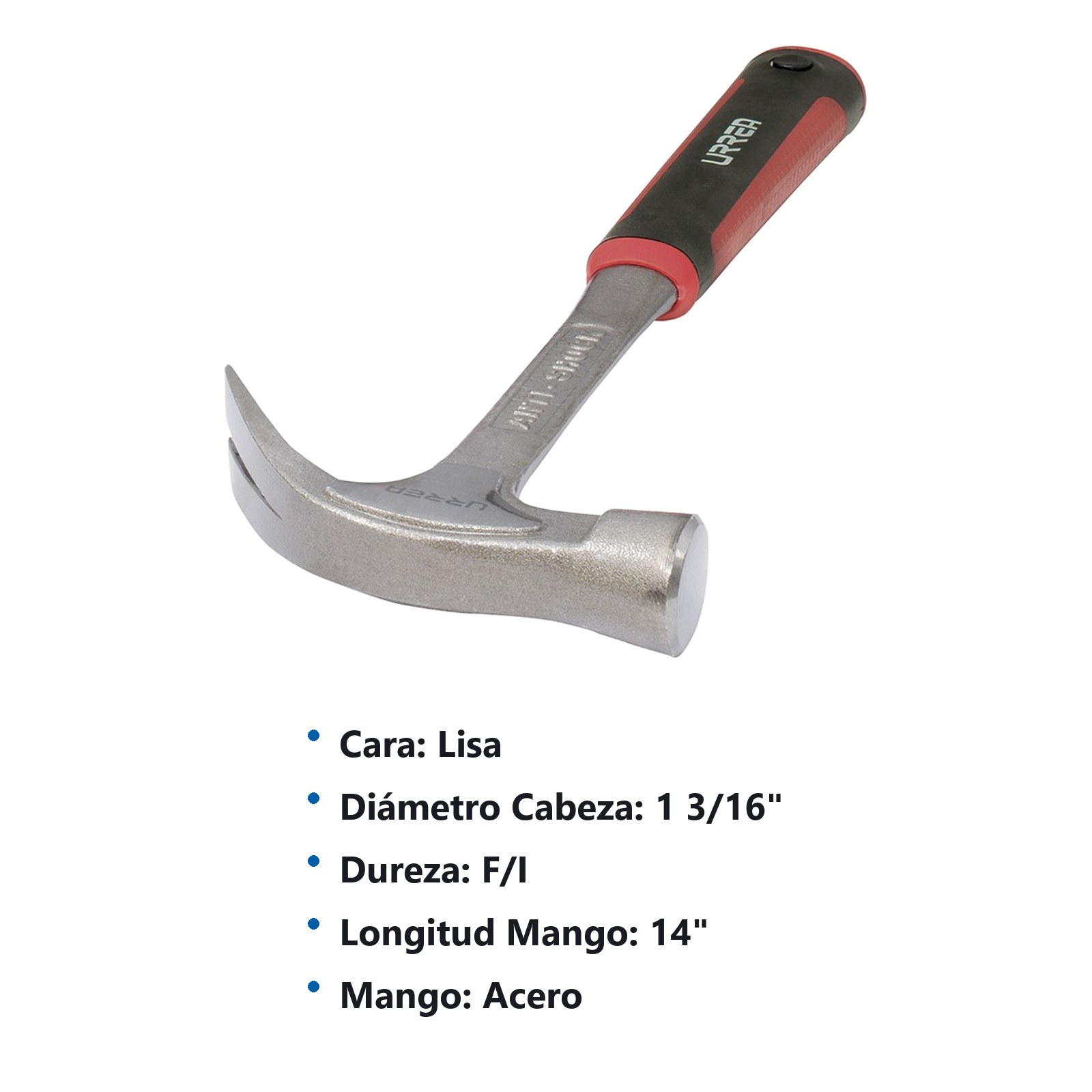 Martillo de uña forjado en una pieza con mango anti-vibración texturizado de 13-9/16", 20 oz Urrea - Imagen 2