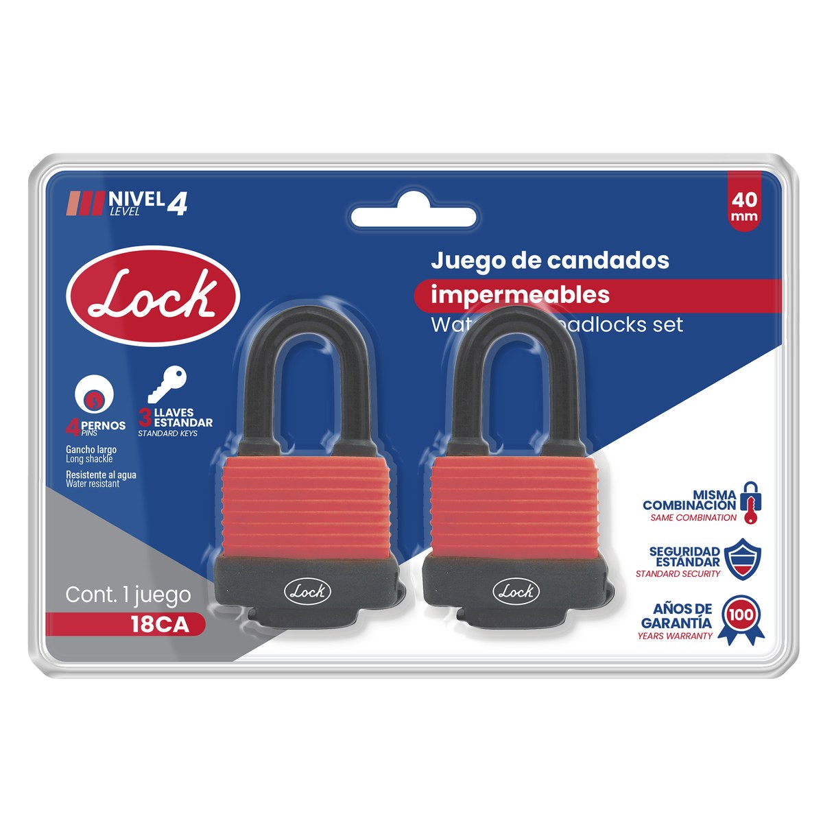Juego de candados impermeables largos 40 mm, llave estándar, 2 piezas Lock - Imagen 2