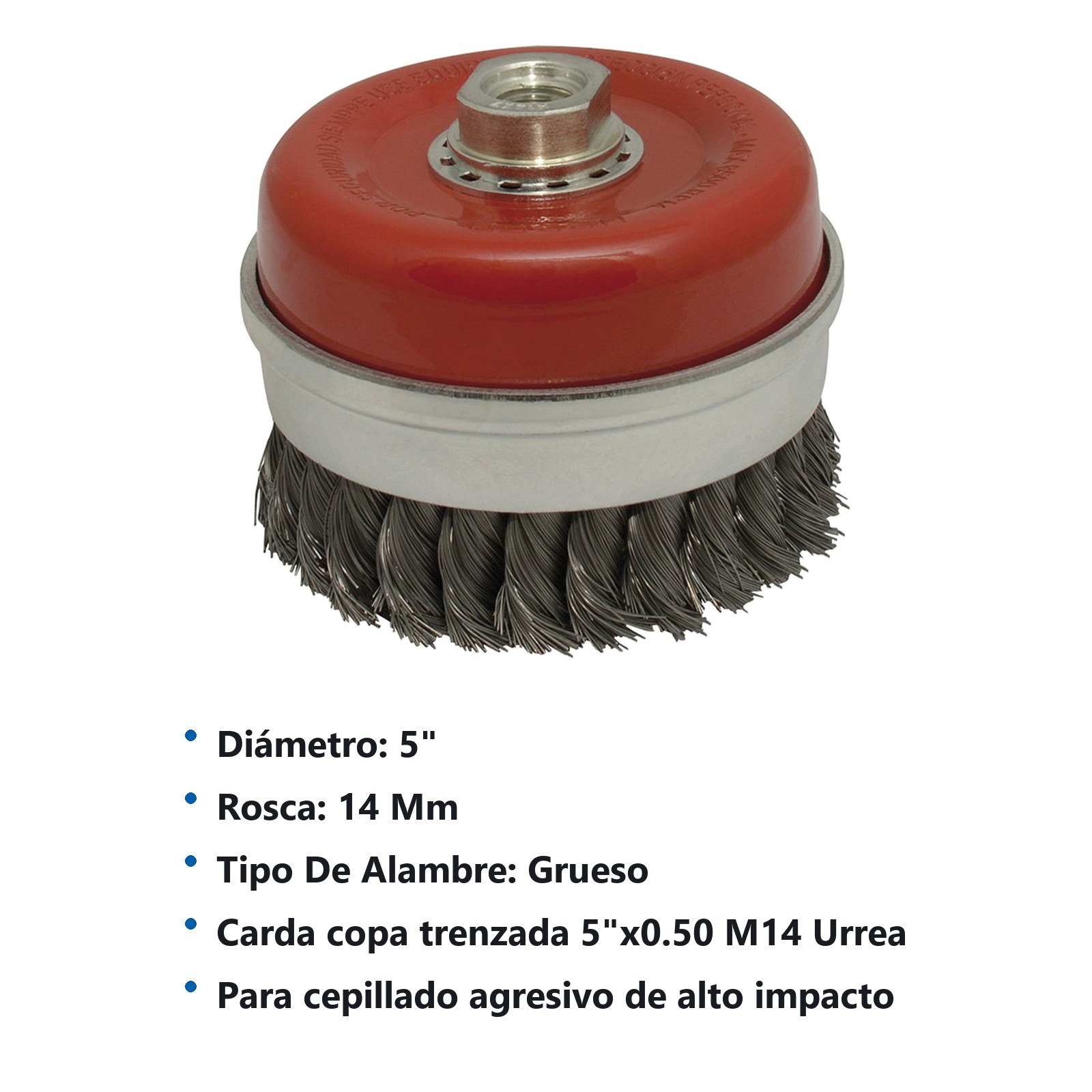 Carda copa trenzada alambre grueso 5" x 0.50 mm con rosca M14 Urrea - Imagen 2