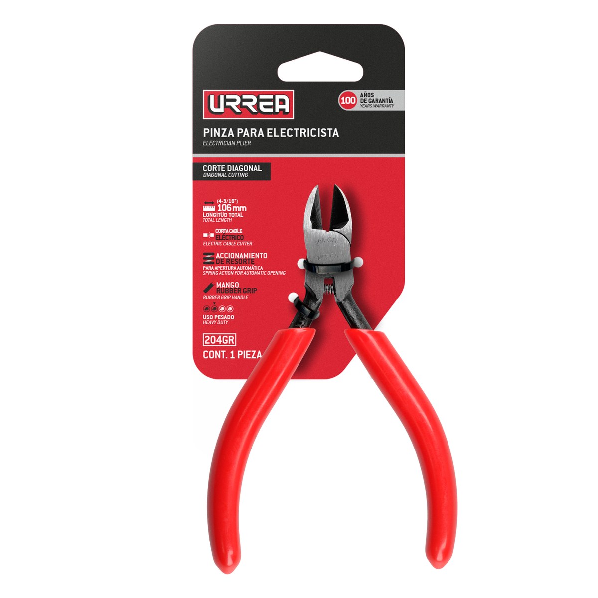 Pinza para electricista con mango rubber grip de 4-3/16" corte diagonal con resorte Urrea - Imagen 2
