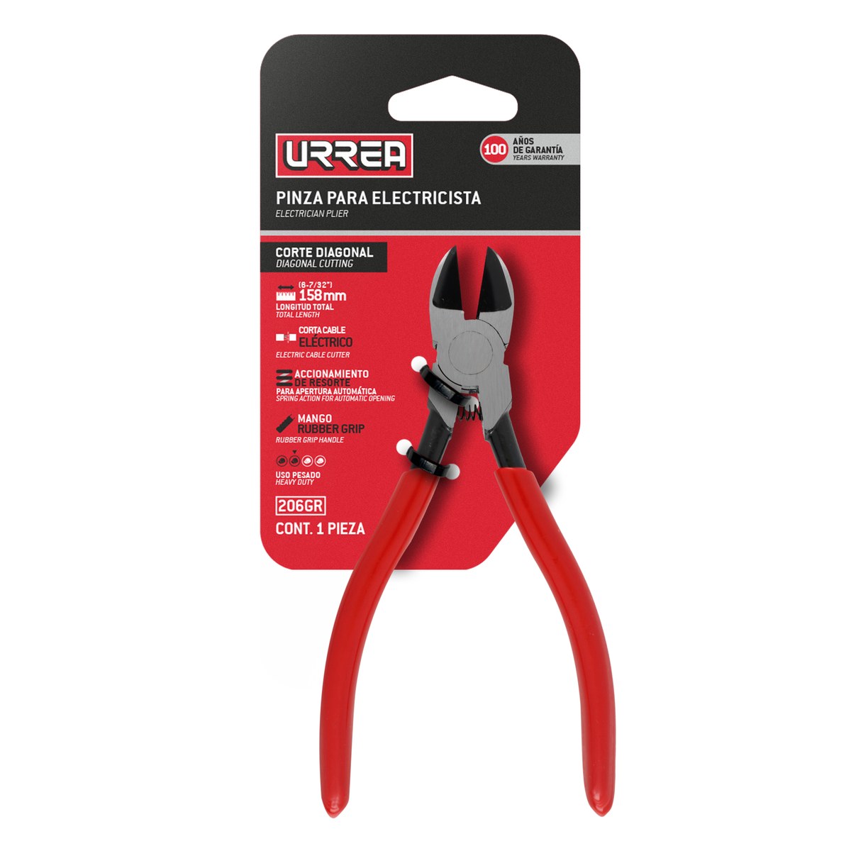 Pinza para electricista con mango rubber grip de 6-1/64" corte diagonal con resorte Urrea - Imagen 2