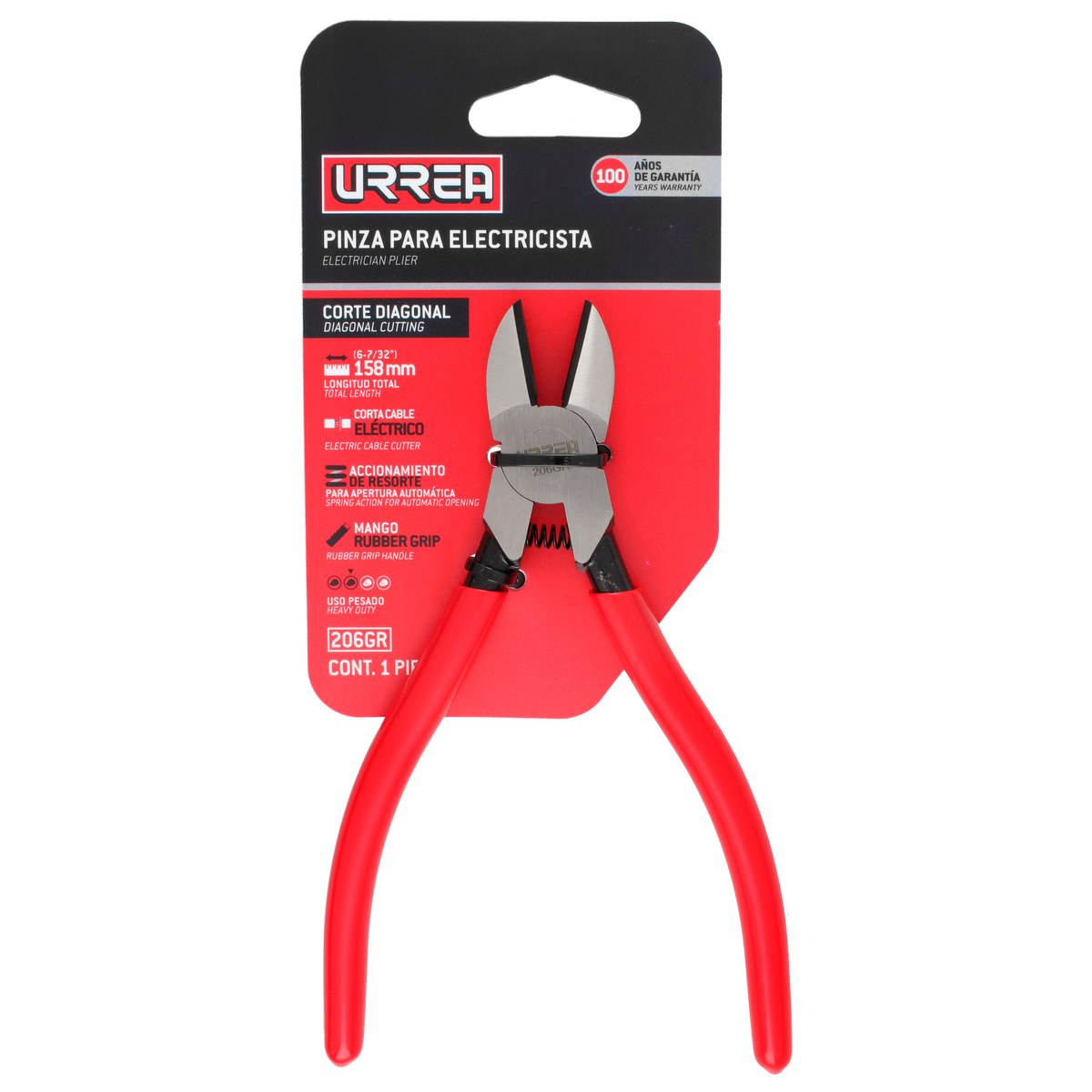 Pinza para electricista con mango rubber grip de 6-1/64" corte diagonal con resorte Urrea - Imagen 3