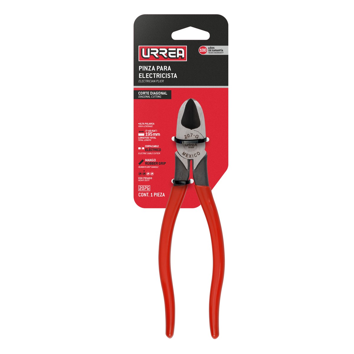 Pinza para electricista con mango rubber grip de 7-3/4" corte diagonal alta palanca Urrea - Imagen 2