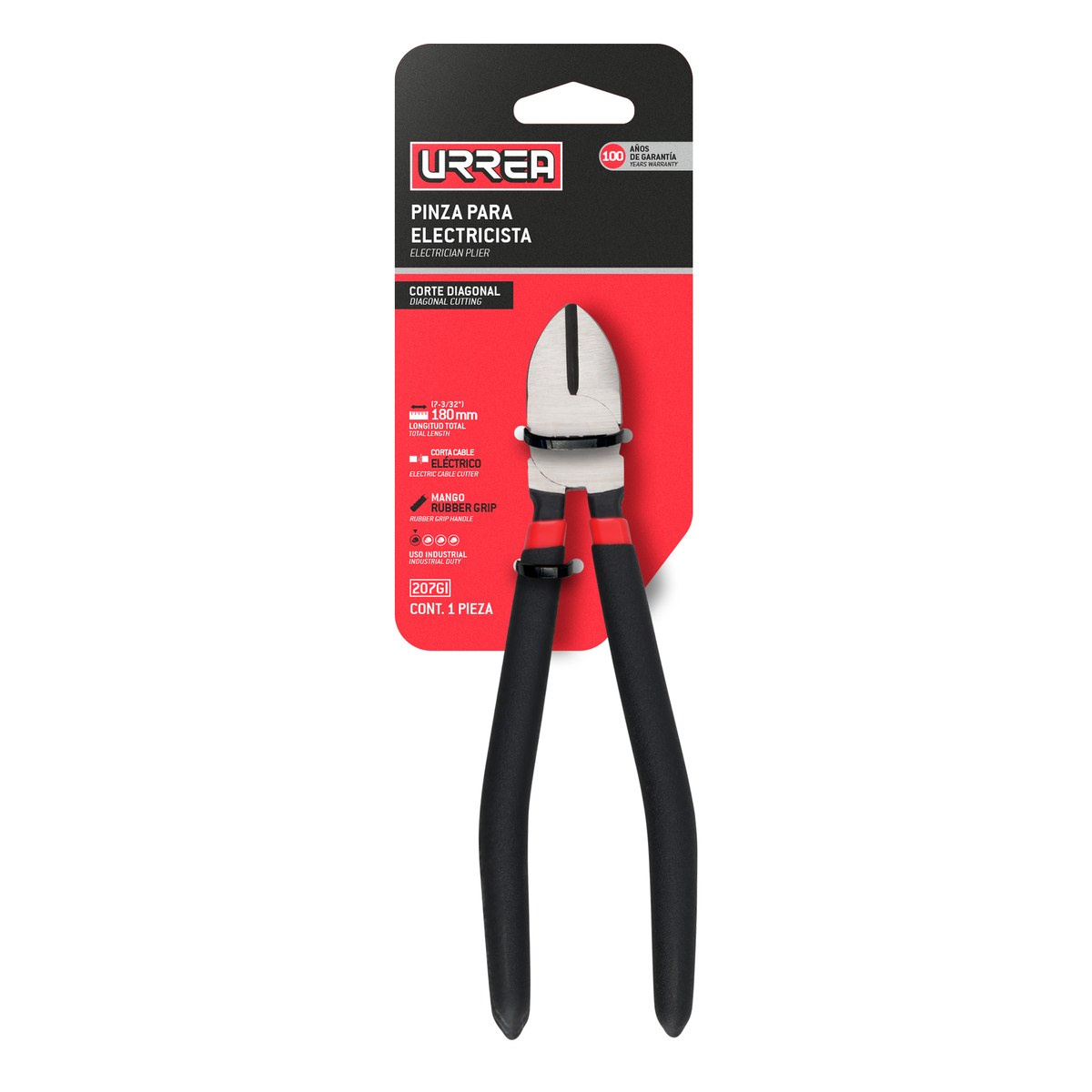 Pinza para electricista con mango rubber grip de 7-3/4" corte diagonal Urrea - Imagen 2