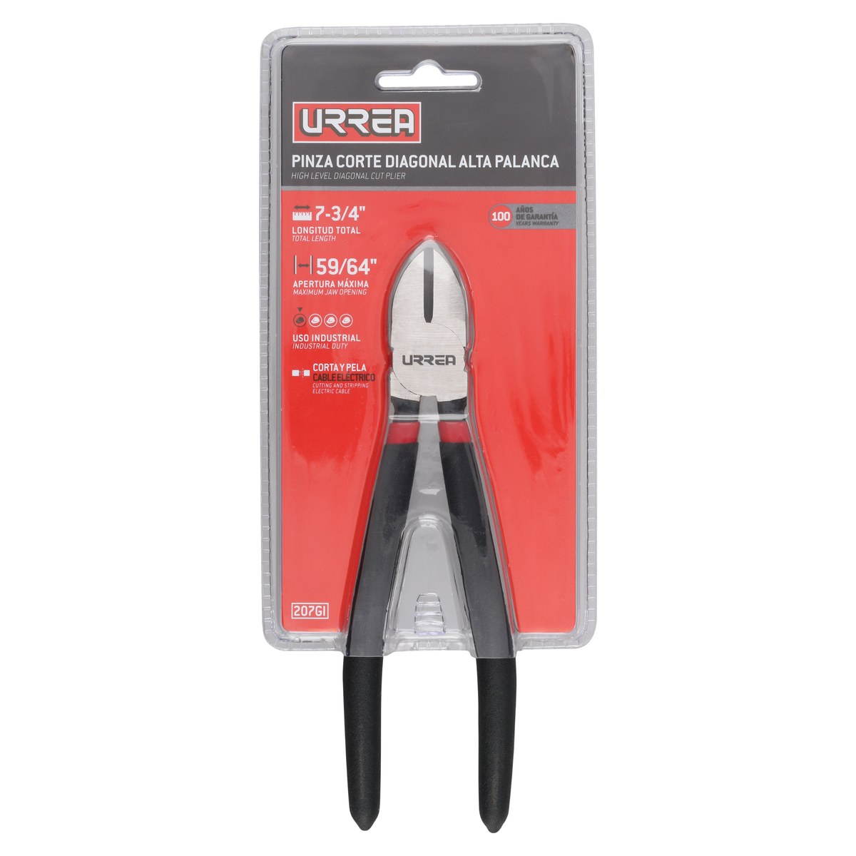 Pinza para electricista con mango rubber grip de 7-3/4" corte diagonal Urrea - Imagen 3