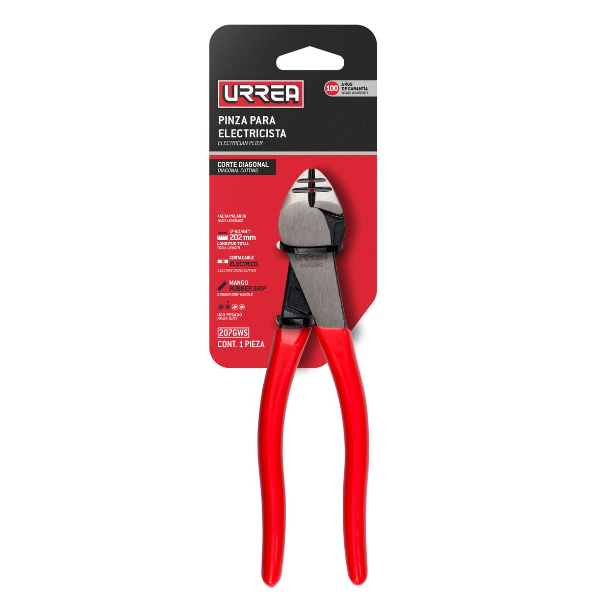 Pinza para electricista con mango rubber grip de 7-5/16" corte diagonal con pela alambre a Urrea - Imagen 2