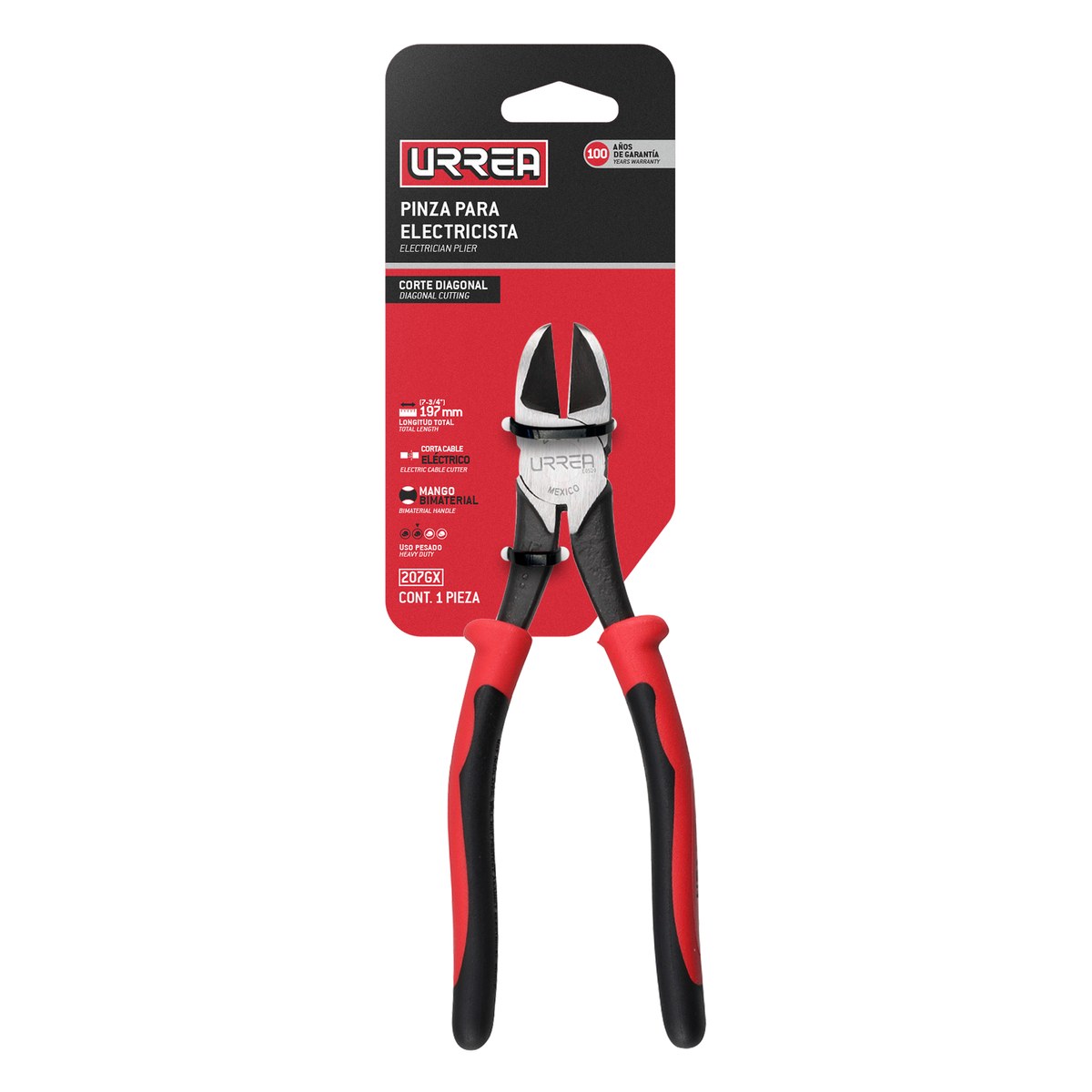 Pinza para electricista con mango bimaterial de 7-3/4" corte diagonal alta palanca Urrea - Imagen 2