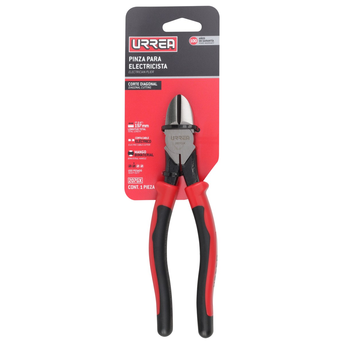 Pinza para electricista con mango bimaterial de 7-3/4" corte diagonal alta palanca Urrea - Imagen 3